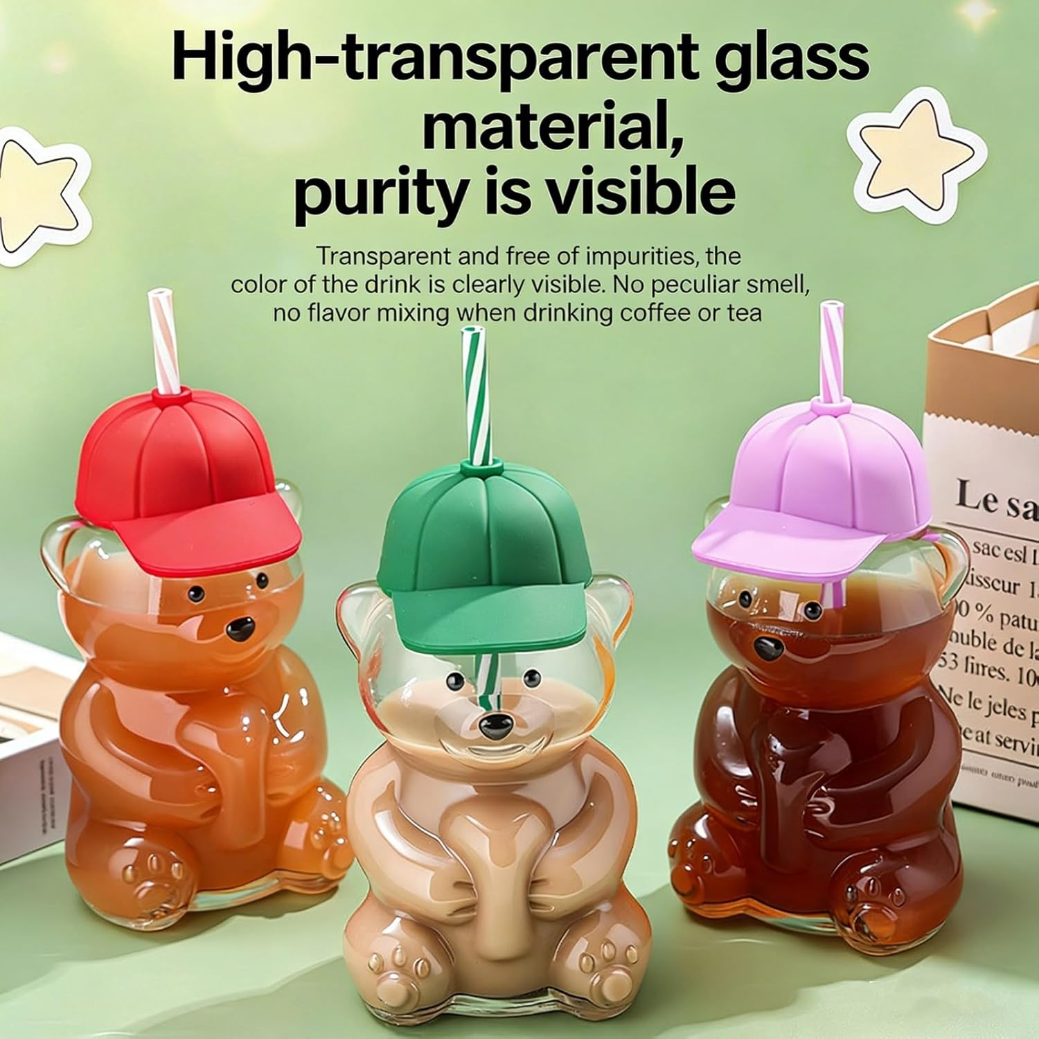Bear Straw Cup 20oz Cute Bear Glass Tumbler Mug with Reusable Straw and Baseball Cap Lid Mugs Bear Cups Coffee Beer Wine Cocktail Drinks Glassware for Smoothies Boba Iced Coffee Milk Tea (Green)