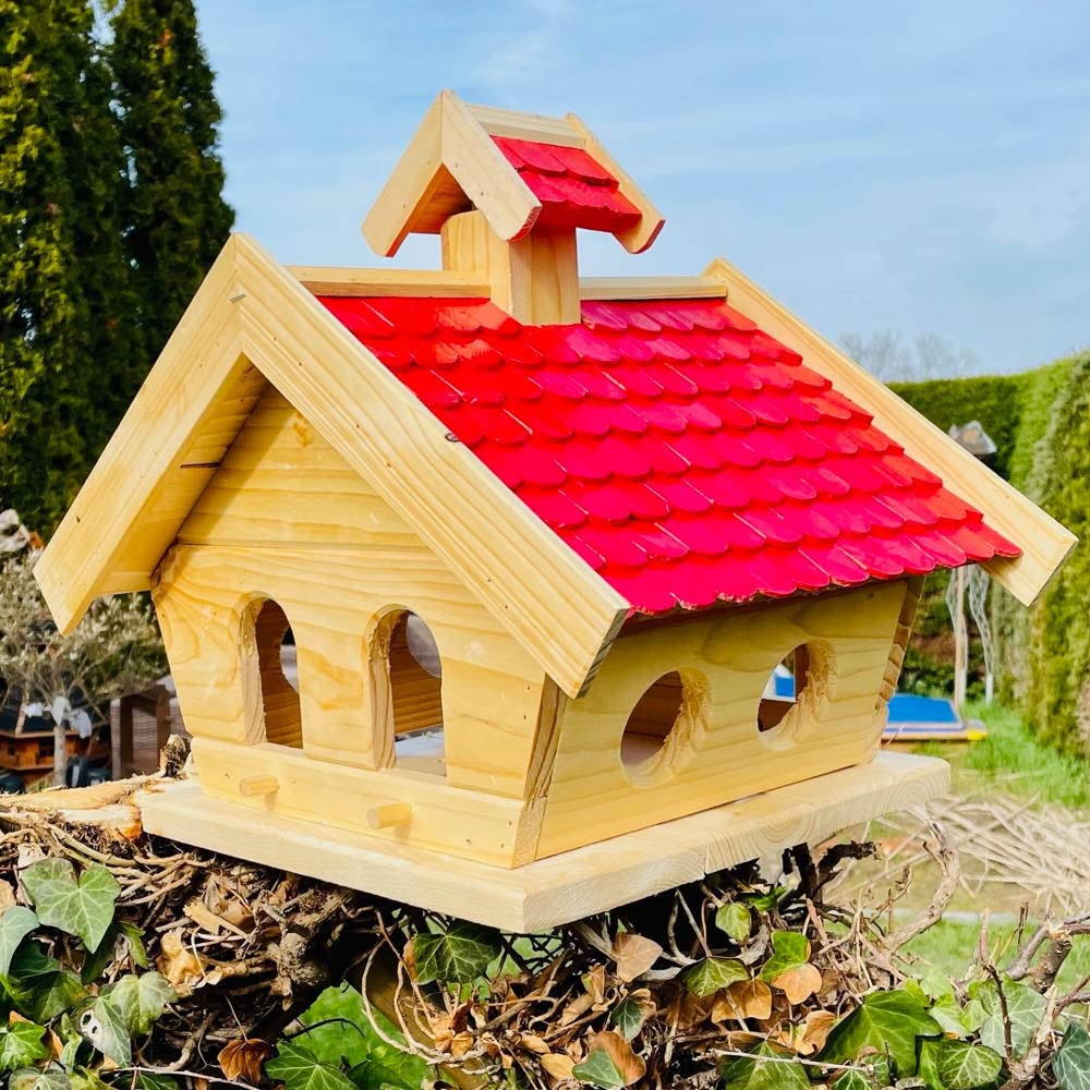 Rectangular hecha a mano para pájaros, comedero de madera, comedero de madera natural/rojo Birdhouse tejas de madera