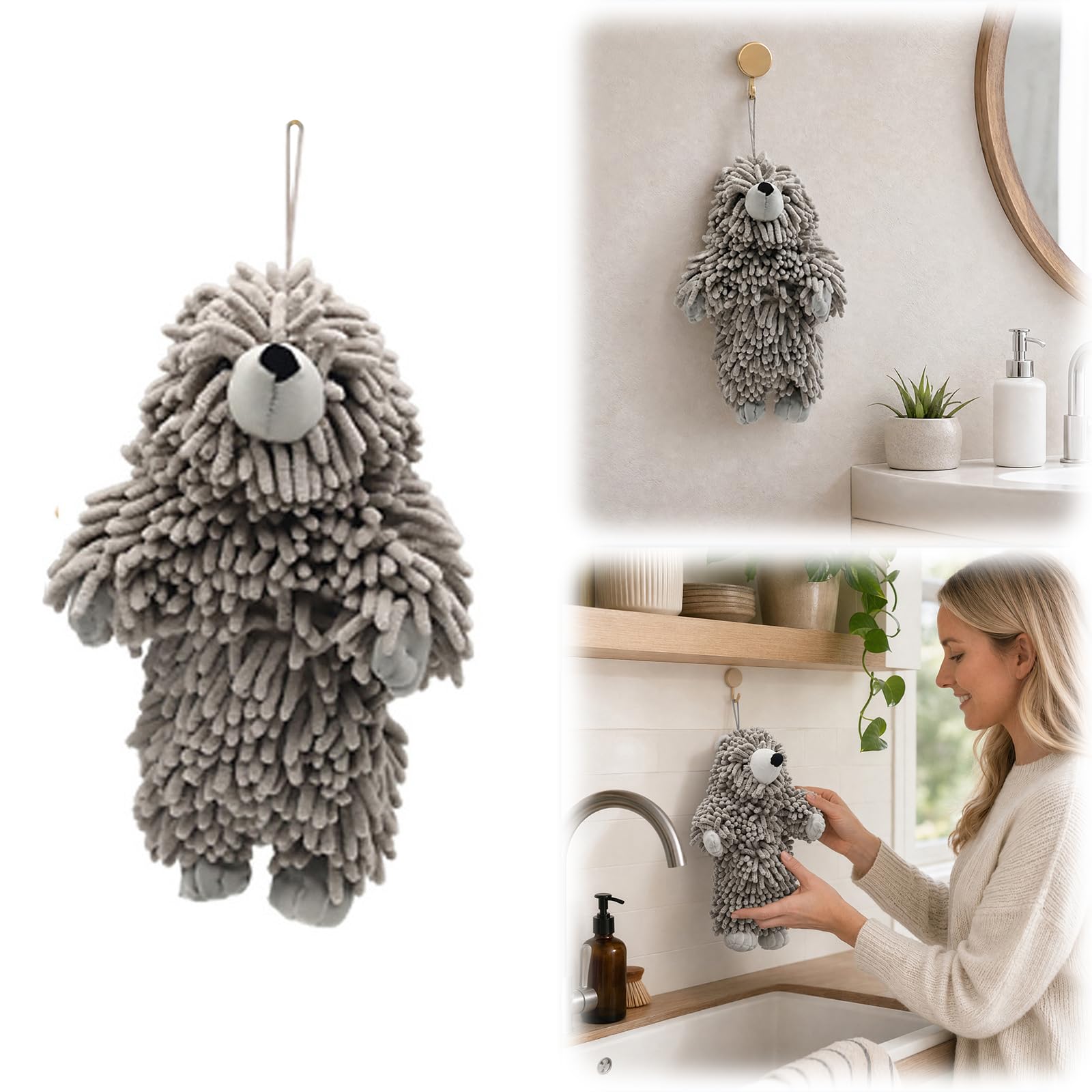 Chenille Bear Hand Towel - Cute 3D Plush Bear Hand Towel with Loops, Super Absorbent Hanging Kitchen & Bathroom Towels for Kids, Microfiber Fuzzy Animal Hangable for Bath, Washstand