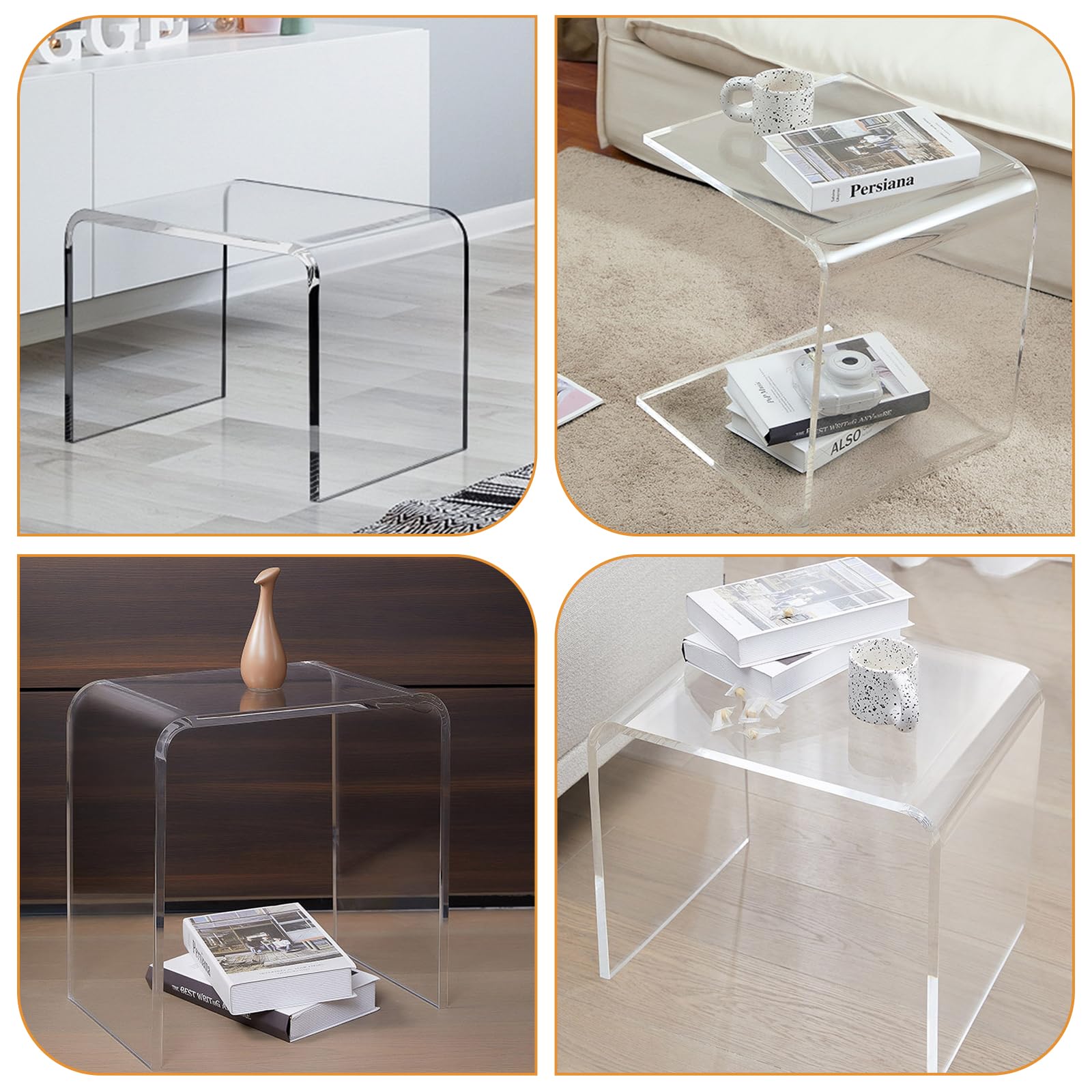 TWSOUL Mesa auxiliar de acrílico transparente, mesa auxiliar en forma de U con bordes redondeados,elegante mesa de centro moderna pequeña,bancos de ducha, taburete de acrílico, taburete transparente