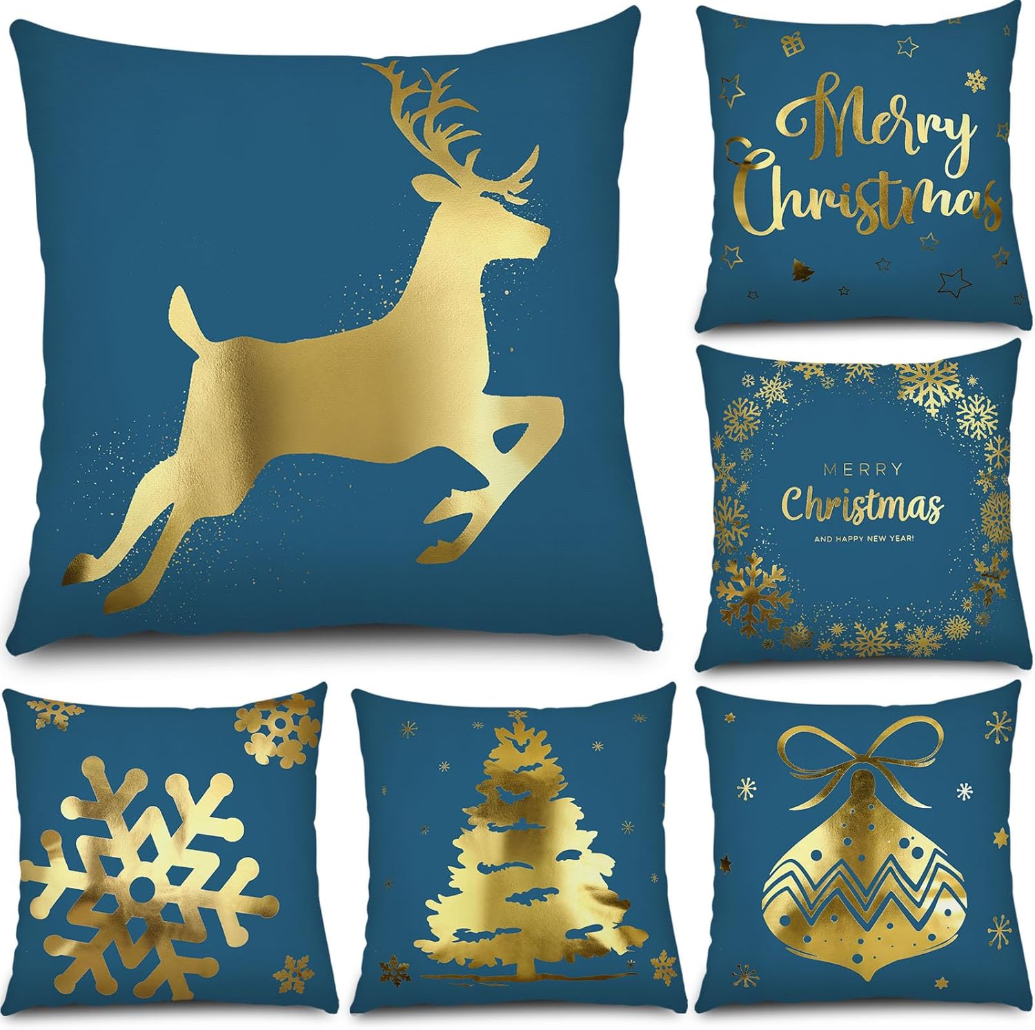 Tatuo Christmas Pillow Covers 18 x 18 Set of 6 Christmas Decoration Throw Pillow Covers Winter Holiday Decor Cushion Cases for Sofa Couch Bedroom Xmas Tree Snowflake Reindeer(Teal, Gold)