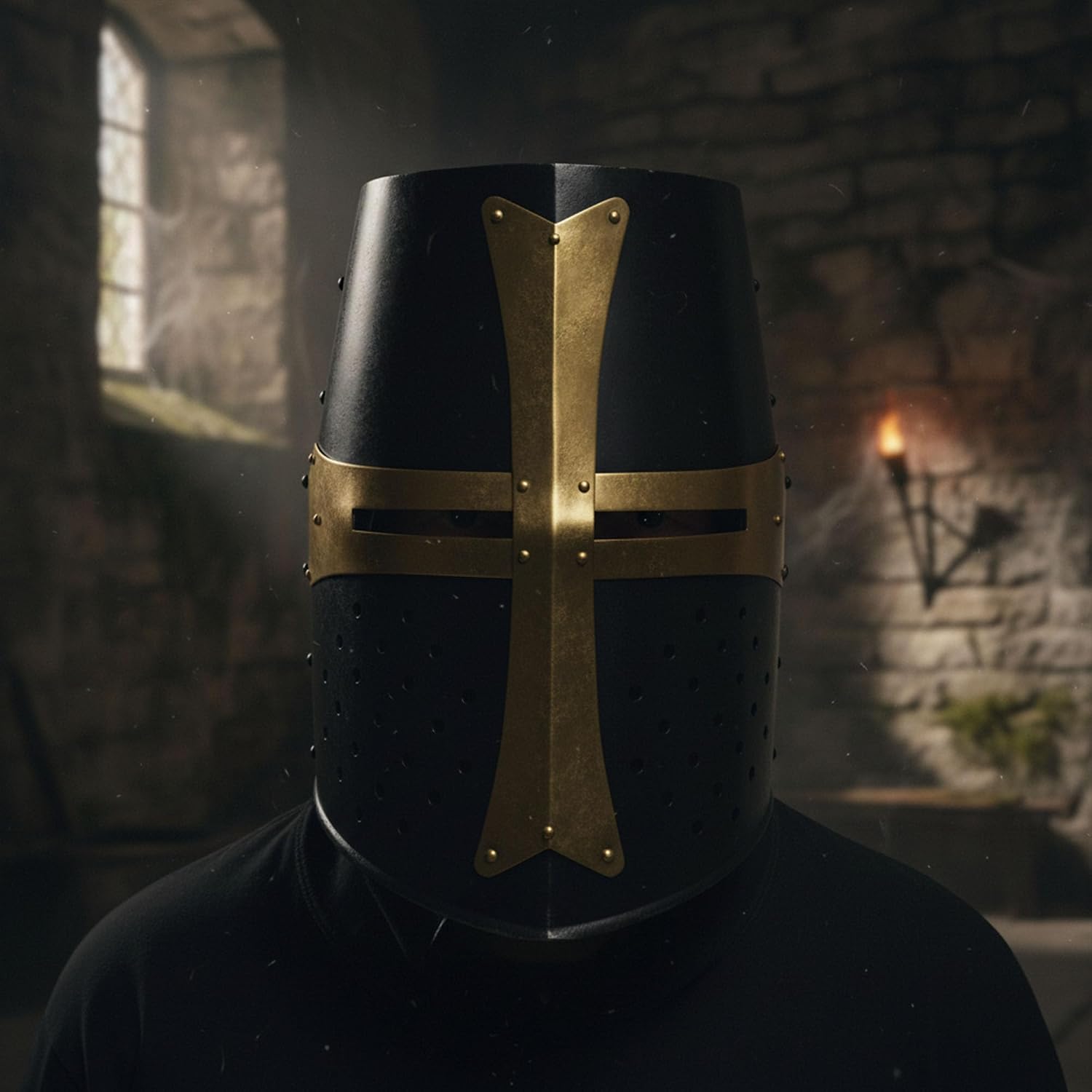SCZO Crusader Helmet - Medieval Knight Templar Helmet with Brass Cross, Carbon Steel Great Helm Armor with Liner and Chin Strap for LARP, Renaissance Faire, Cosplay Costume