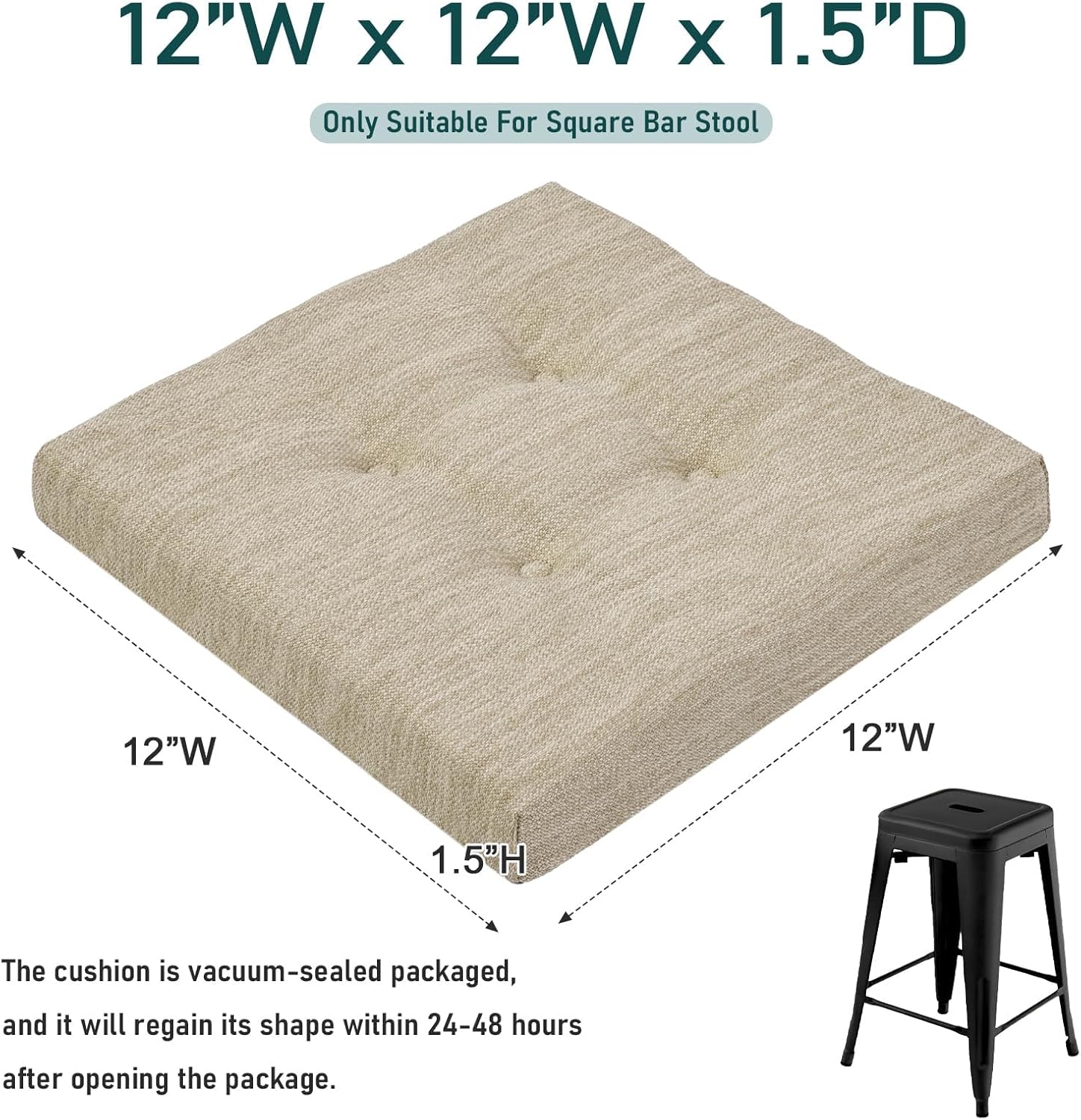 baibu 12 Inches Memory Foam Square Seat Cushion Set of 2, Dual-Layer Design Bar Stool Square Seat Cushion with Ties - 2 Pads Only, Beige (12'' (30CM))