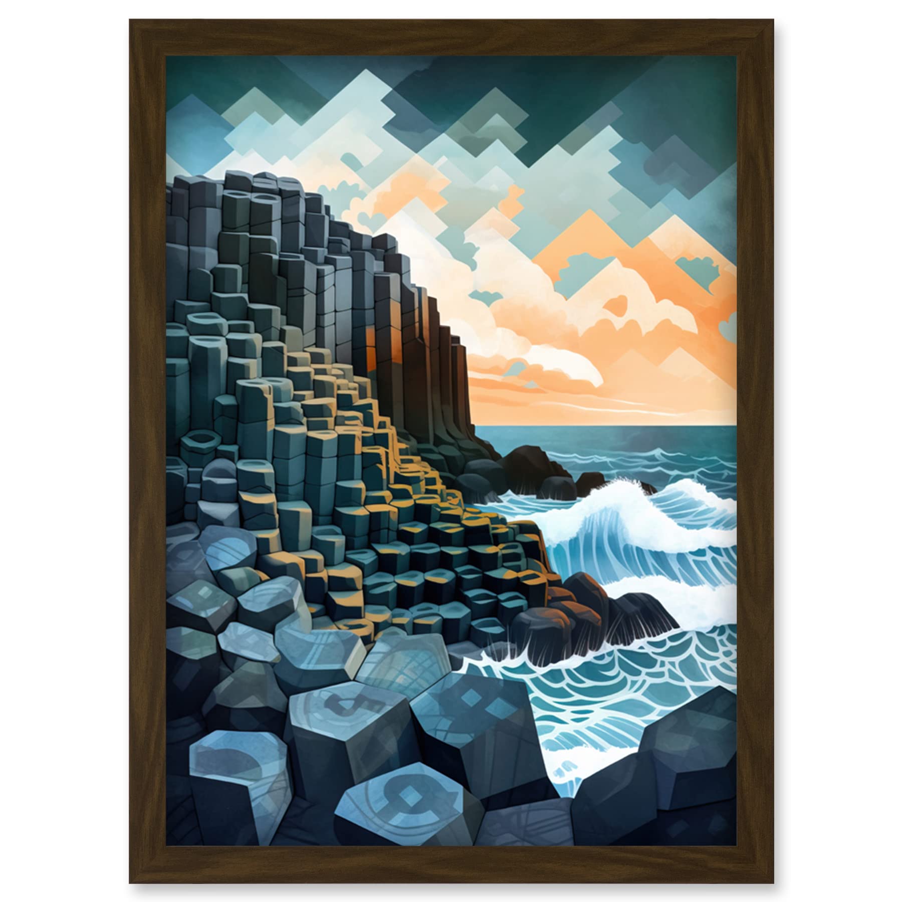 Artery8 Giant's Causeway Northern Ireland Basalt Formations and Polygonal Clouds Modern Watercolour Painting Artwork Framed Wall Art Print A4