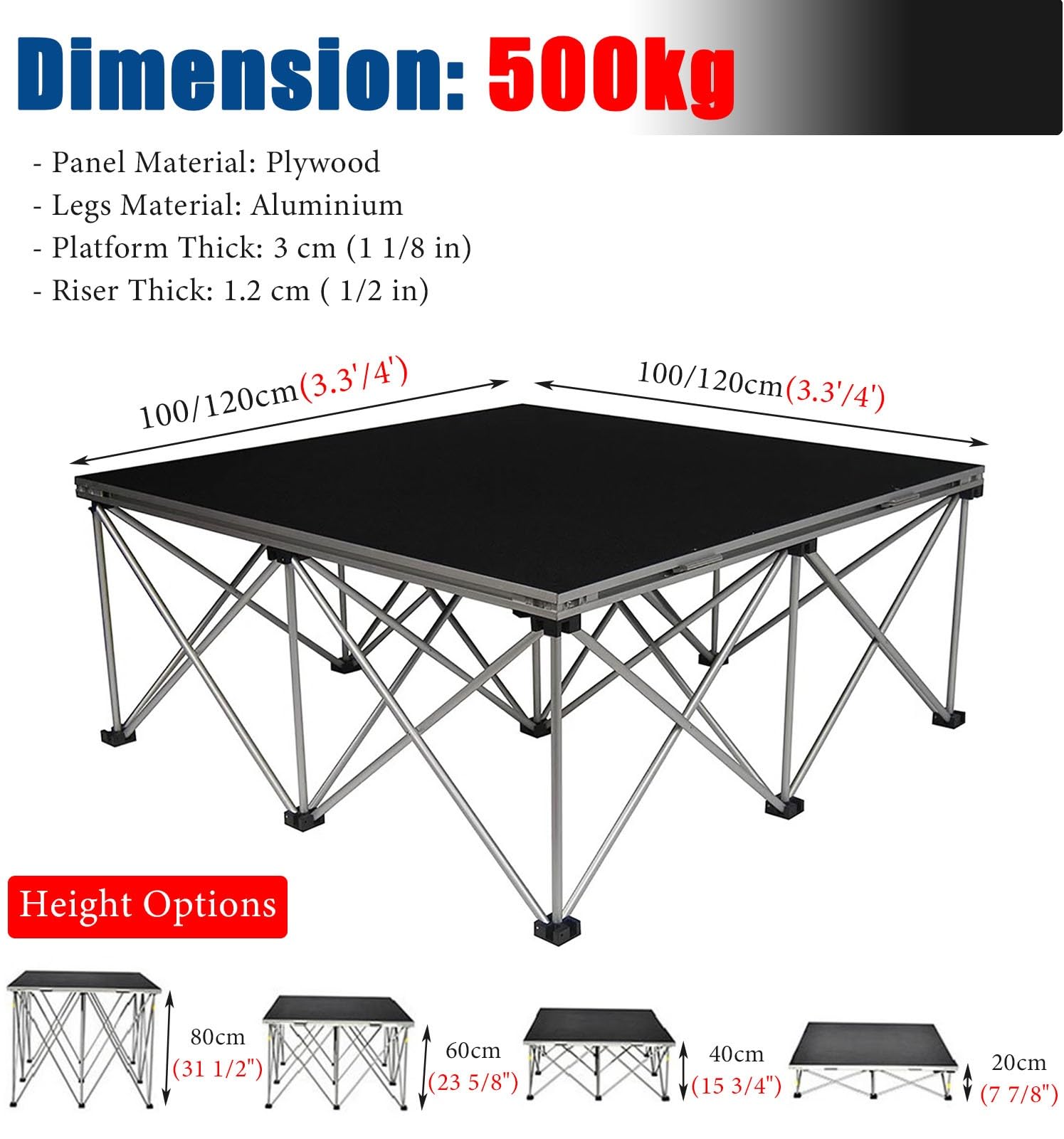 Palco Modulare Pedana per Palco Portatile per Eventi Musicali, Pedana Modulare per Palco per Coro, Pedana Pieghevole per Palchi per Spettacoli di Batteria Nuziale(80cm(32"),4x 4' (122x122cm))
