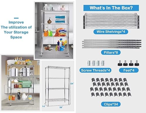 Miniatura 7 de Estantes de almacenamiento de 4 niveles, organizador de estantes de alambre, altura ajustable, estantes de metal resistente, certificado NSF, 36