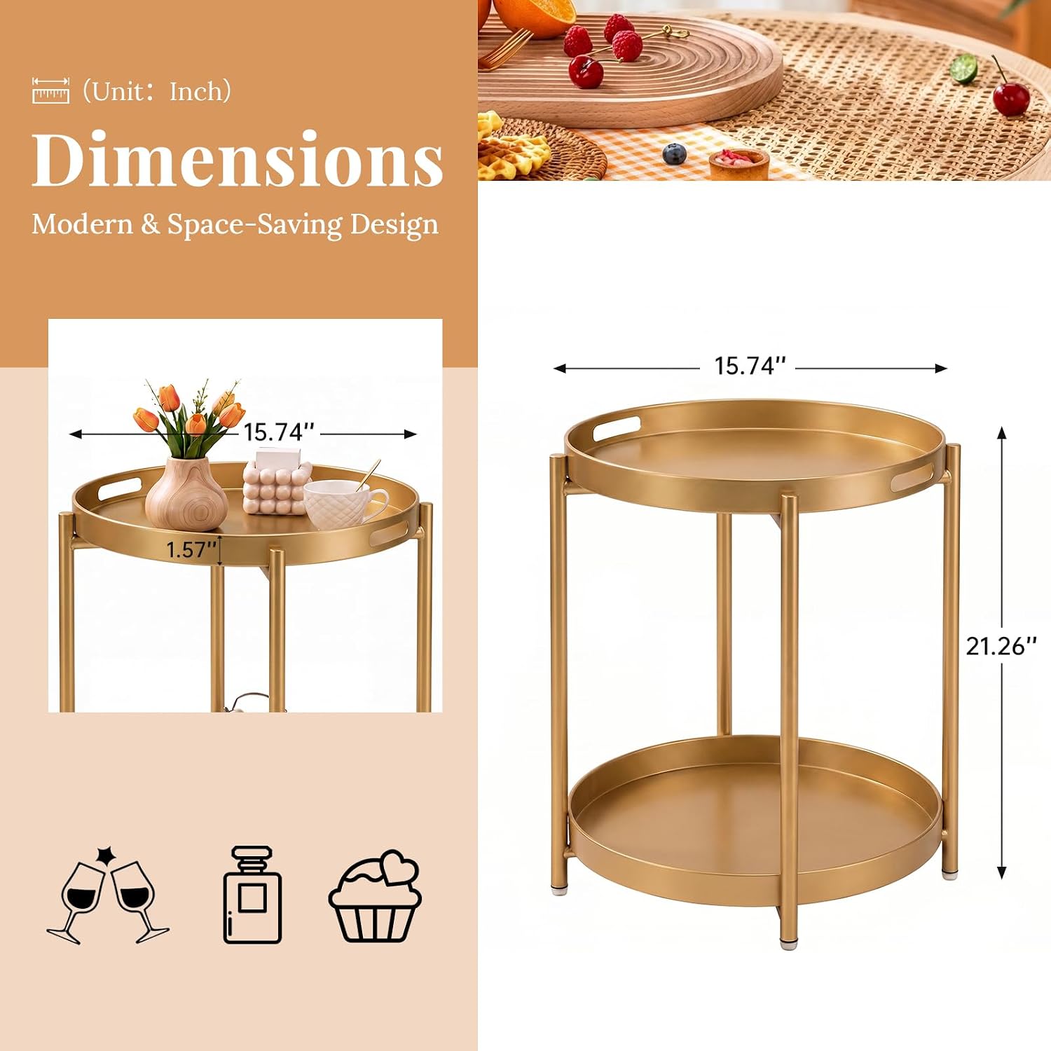 danpinera Gold Side Table, Serving Tray with Handles, Small Metal Table
