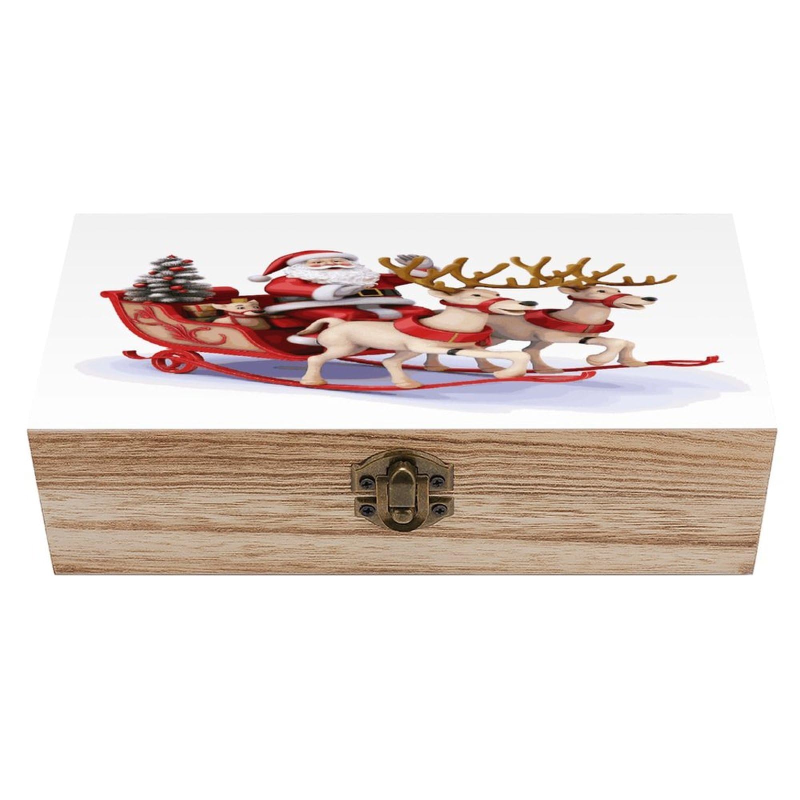 FekiLoot Santa Claus Reindeer Sled Wooden Jewelry Box Personalized Wood Keepsake Box Large Decorative Wooden Storage Boxes with Hinged Lid Rustic Style Wood Jewelry Organizer for Desk Home Office