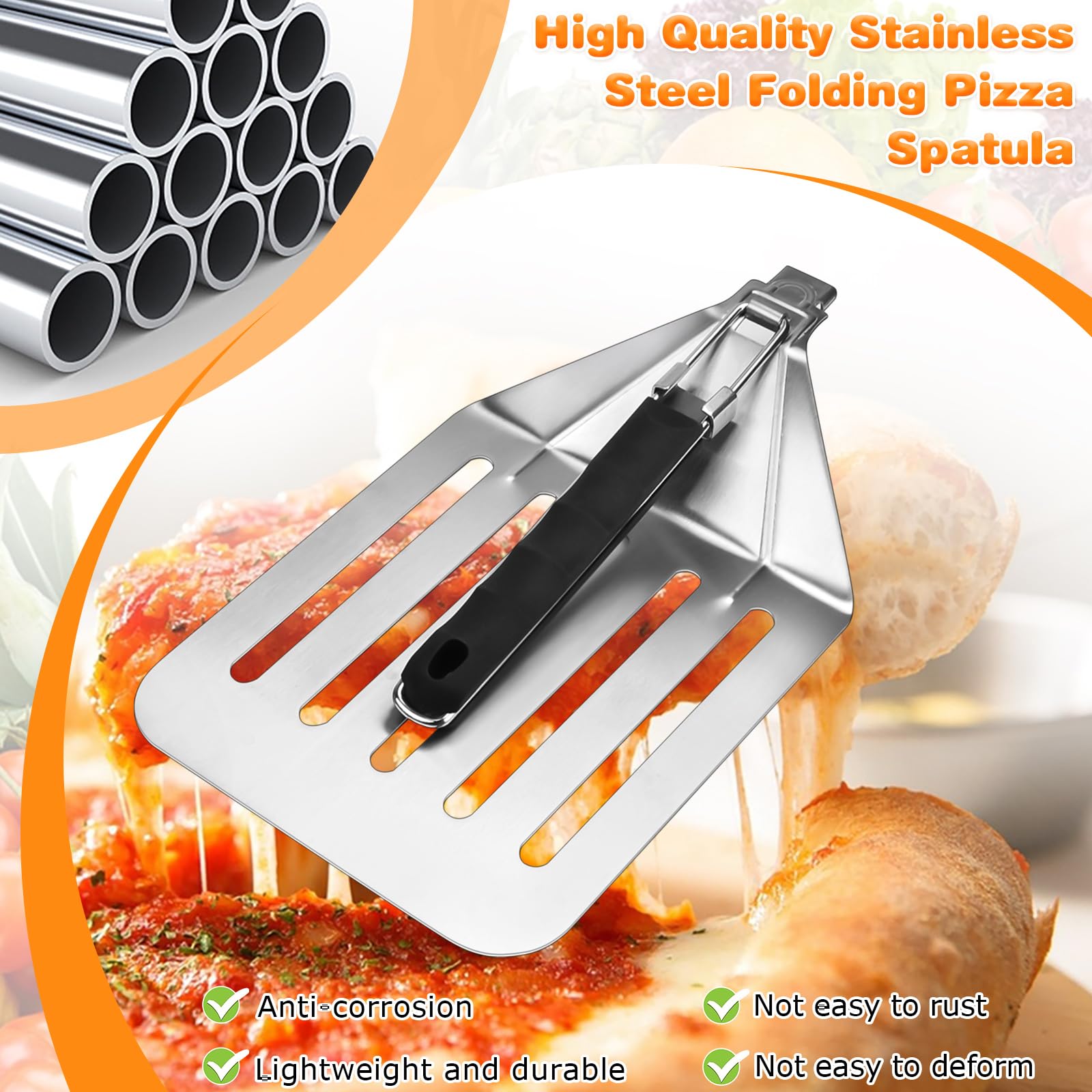 QINERSAW Pala per Pizza con Manico Pieghevole Pala per Pizza in Acciaio Inossidabile con Design Cavo Pala per Pizza Professionale in Metallo con 1 Rullo per Pizza