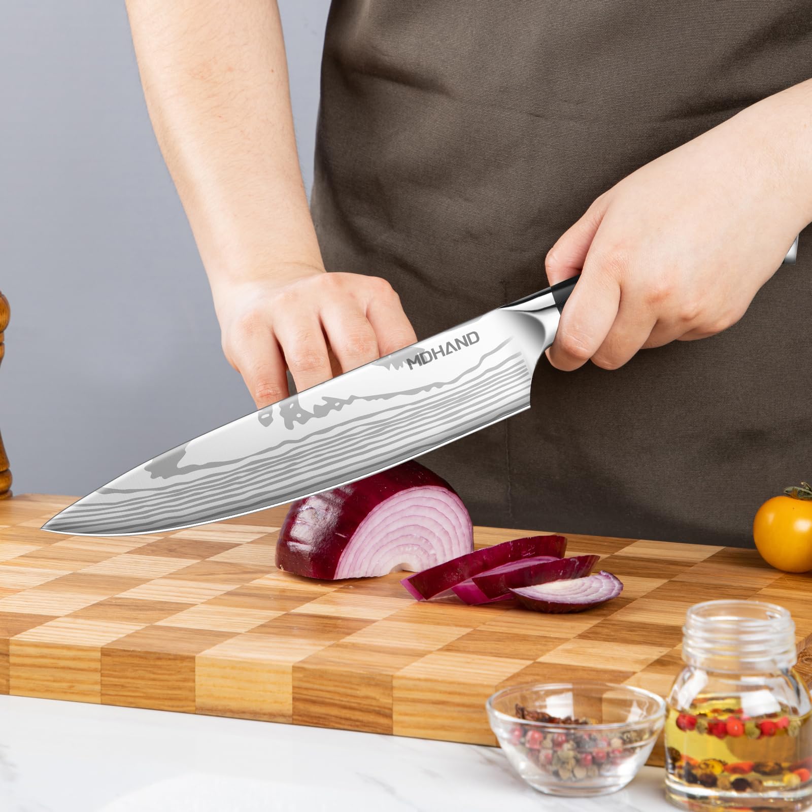 MDHAND Küchenmesser Set，8-teiliges professionelles Messerset mit Rolltasche, Extrem Scharf Profi Kochmesser Set mit Ergonomischen Pakkaholz Griffen für Haus und Restaurant