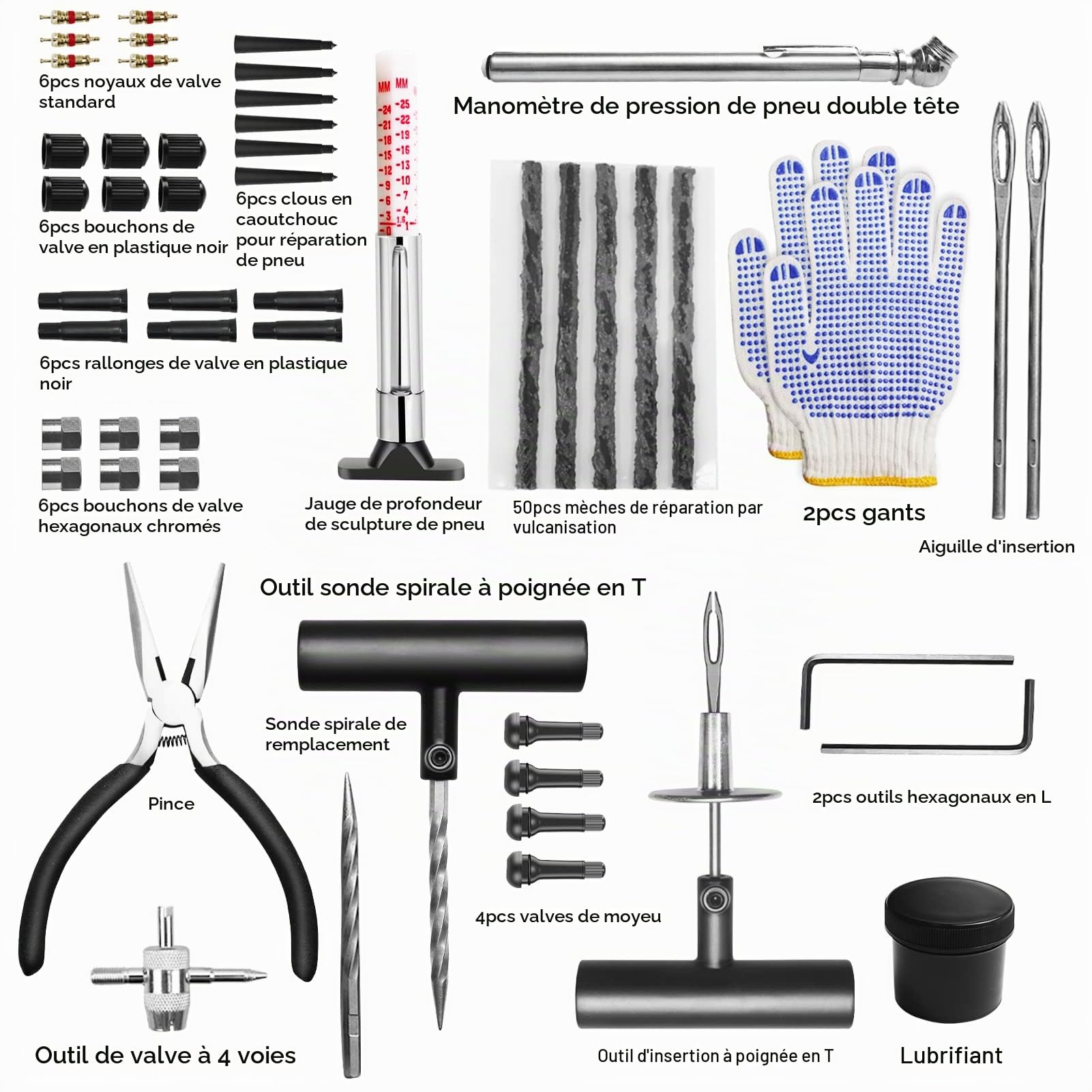 MAIKEHIGH Kit de Réparation de Pneu 100 Pièces, Réparation Pneu | Kit Anti Crevaison pour Voiture, Moto, VTT, Camion, Tracteur, SUV