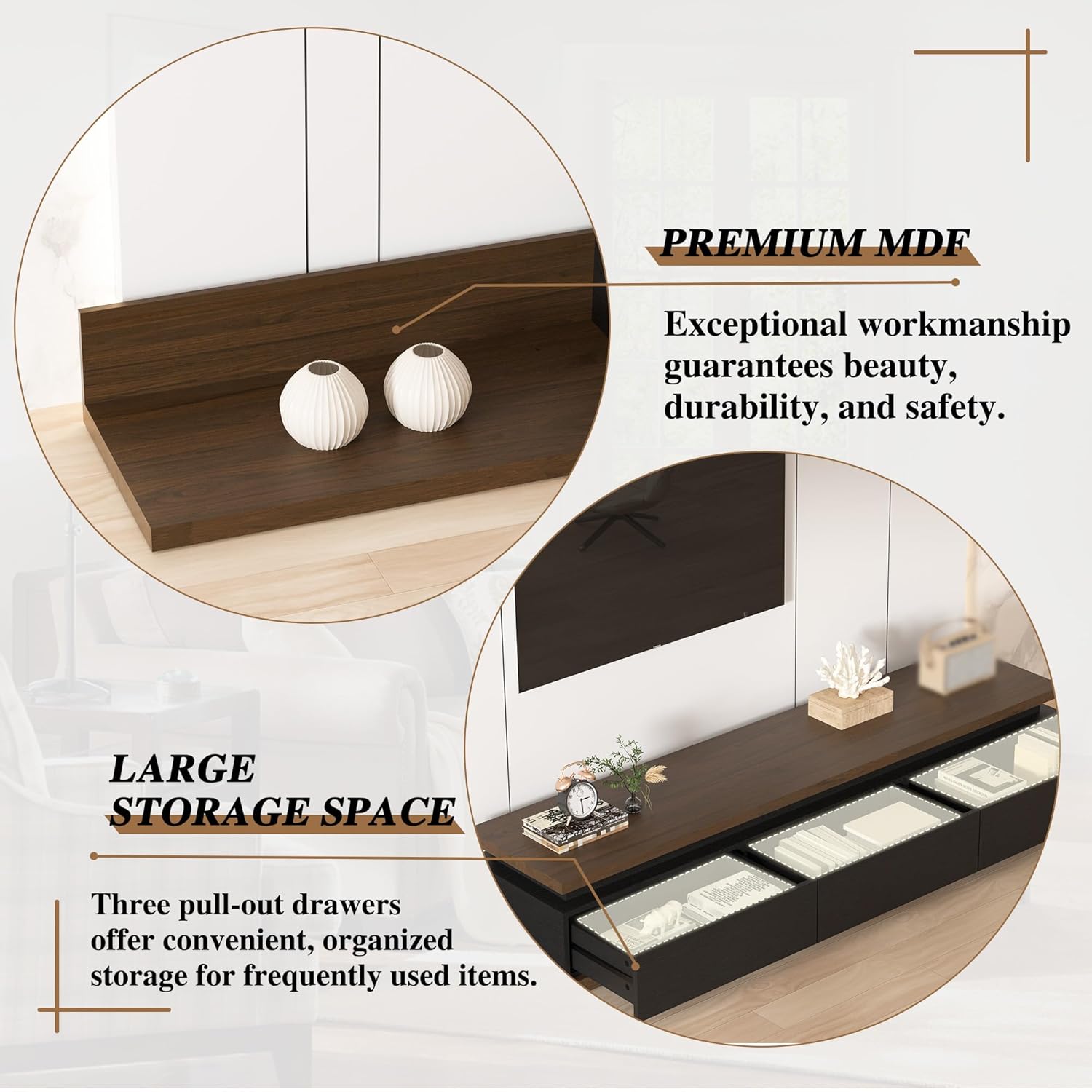 Betterhood Extendable TV Stand with LED Lights (80” - 106”), Wood Entertainment Center for Up to 120" TV, Modern Reversible TV Console with Three Drawers, Living Room, Bedroom, Black & Walnut