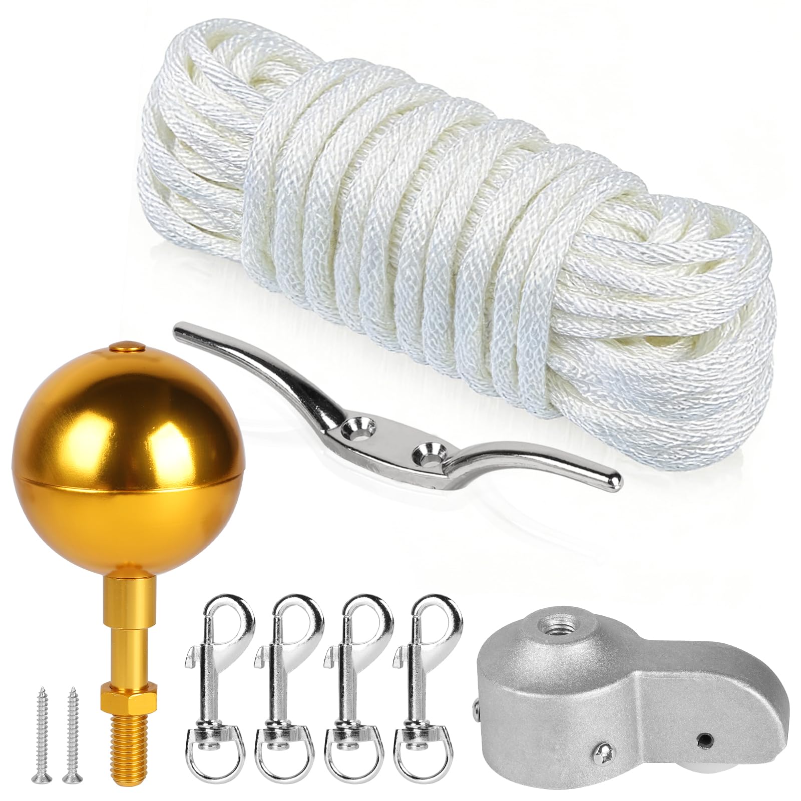 DBREAKS Kit D'accessoires pour Mât de Drapeau, Kit de Pièces de Réparation avec Pointe de Boule Dorée, Ø 5,1 cm Topper avec Poulie, Corde en Nylon de 15 m, Mousqueton, Taquet, pour Déco Maison, Doré
