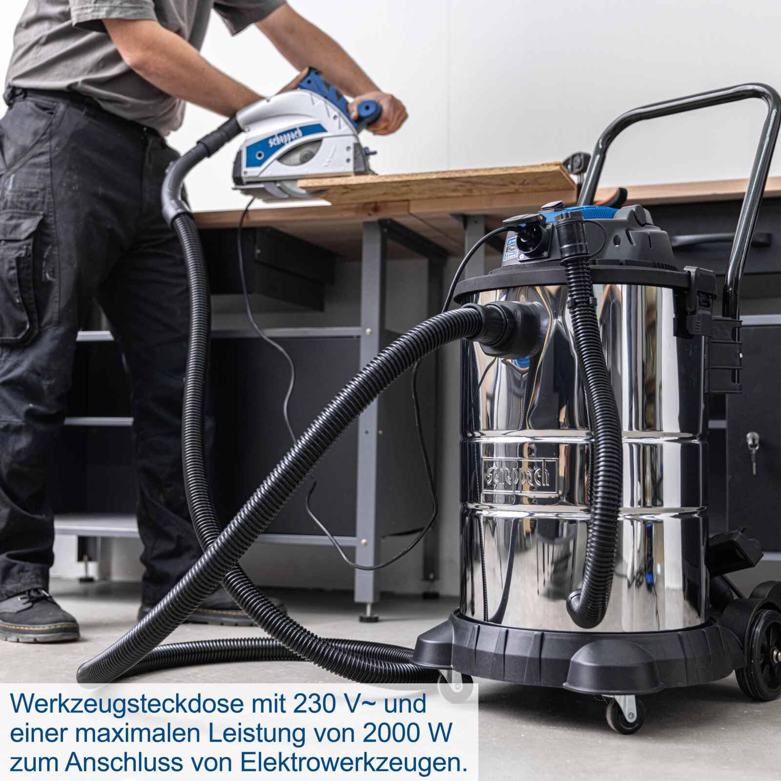 Scheppach Aspirador en seco y húmedo VC50 | 50L recipiente de acero inoxidable y accesorios | 1400 W de potencia | potencia de succión 20 kPa | Tubo telescópico, enchufe para herramientas y cierre