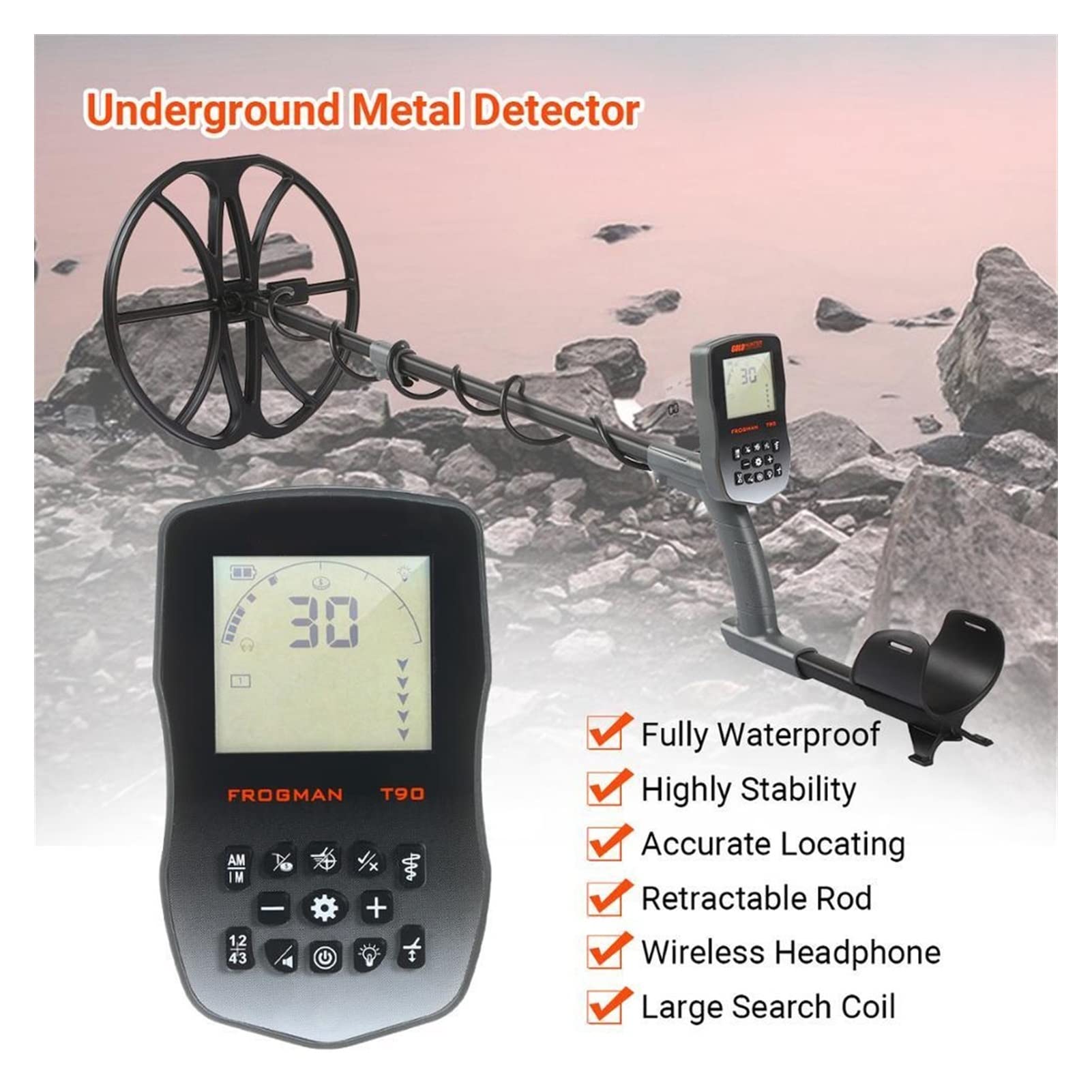 Wykrywacz Metalu, Detektor metalowy Treasure Hunter Gold Metal Detector Underground Detektor Metalowy Wodoodporny Detektor Metalu z bezprzewodowymi Słuchawkami