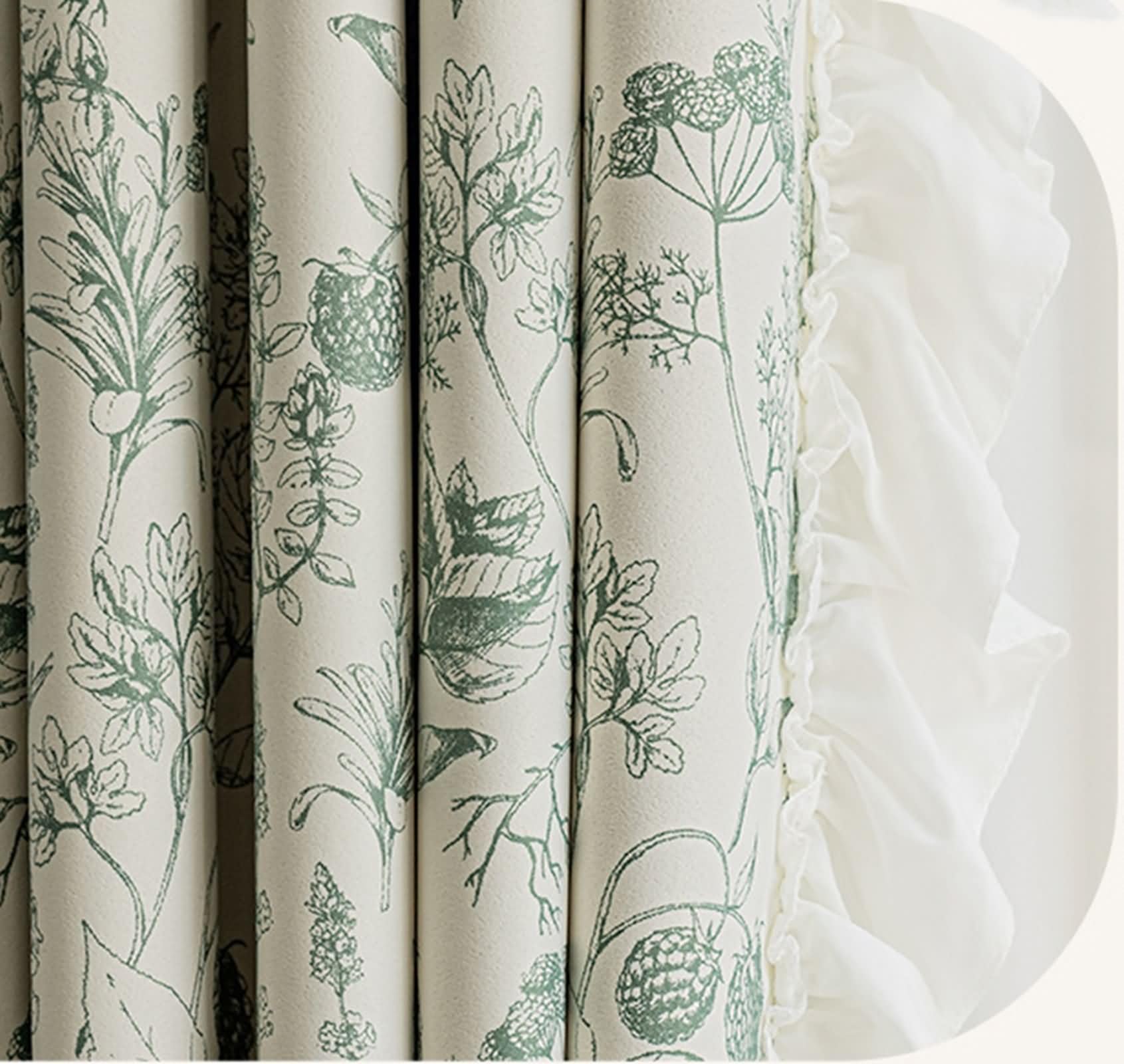 Lot de 2 Rideau Occultant, Rideaux Opaques Occultants Chambre Chenille à Crochets Motif de Fleurs avec Dentelle 107x138 CM (LxH) Fenêtre Rideau pour Salon Decor, Beige Vert