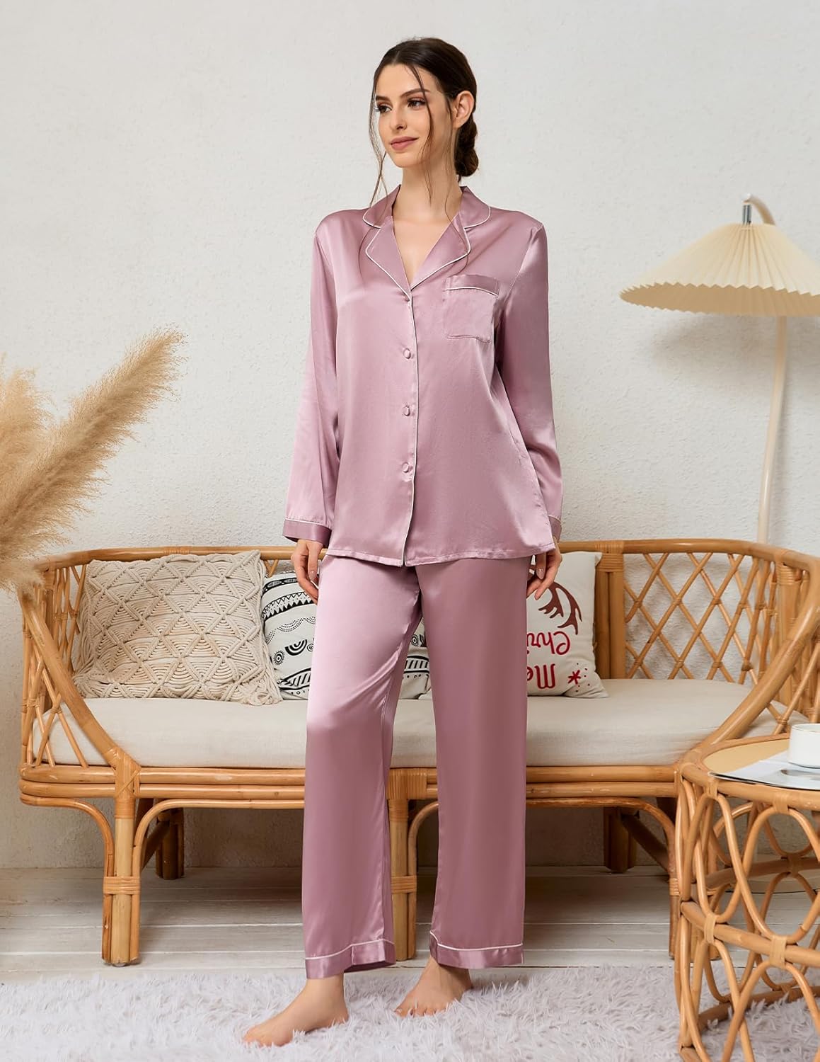 THXSILK Silk Women Pajamas Sets, Long Sleeve Sleepwear Button Down Nightwear, 19 Momme Mulberry Silk PJ Sets - Image 9
