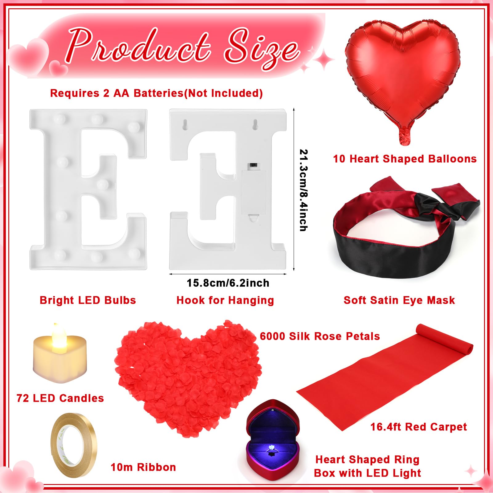 Aurelema Zestaw dekoracji oświadczyn Marry Me Light up Letters 6000 płatków róży, 72 romantyczne świece w kształcie serca, 10 balonów, dywan, czerwona wstążka, 1 pudełko na pierścionki, maska na oczy