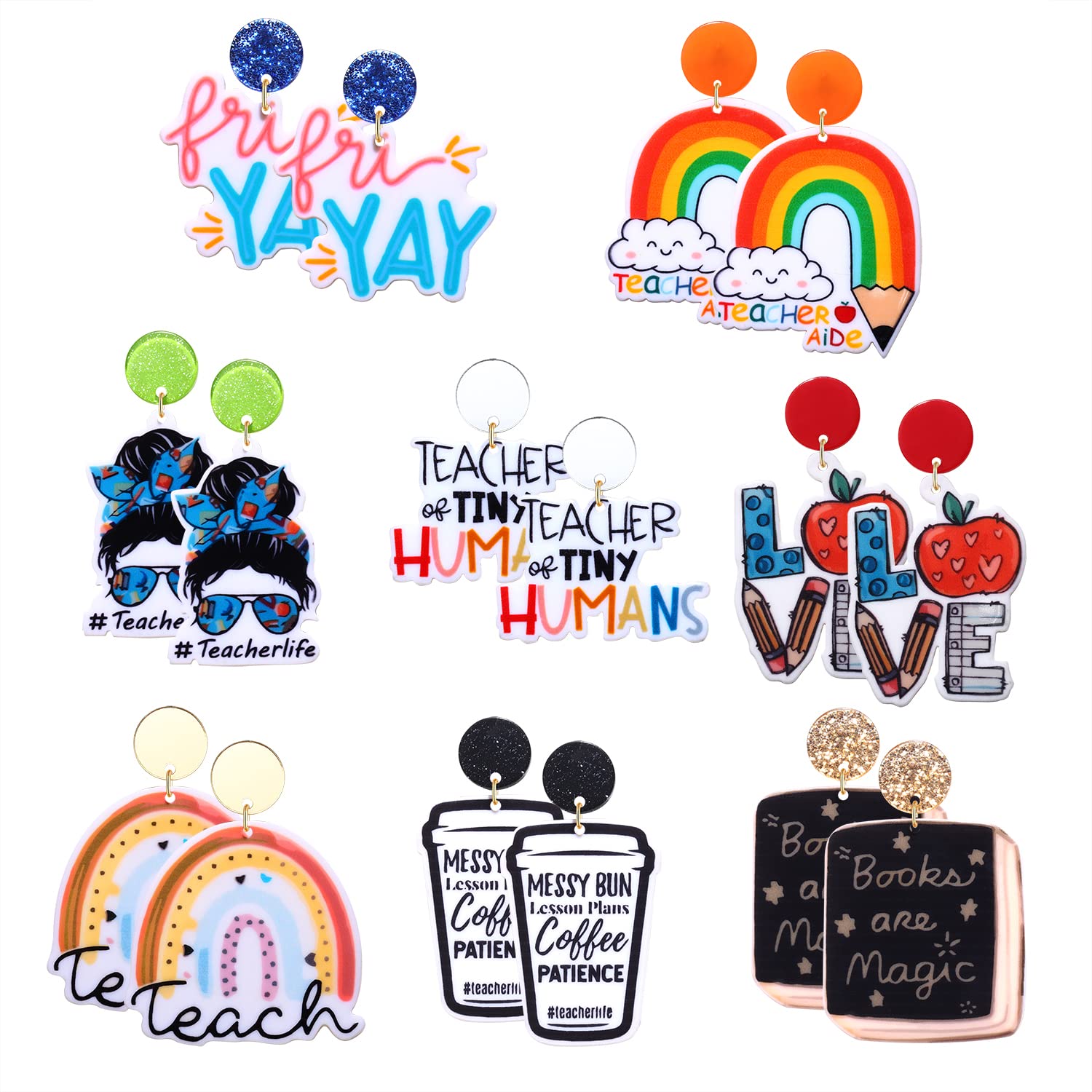 BSJELL6/8 Pairs Teacher Earrings Acrylic Rainbow Pencil Book Drop Dangle Earrings Colorful Math Teacher Earrings Back To School Jewelry Teacher Appreciation Gifts