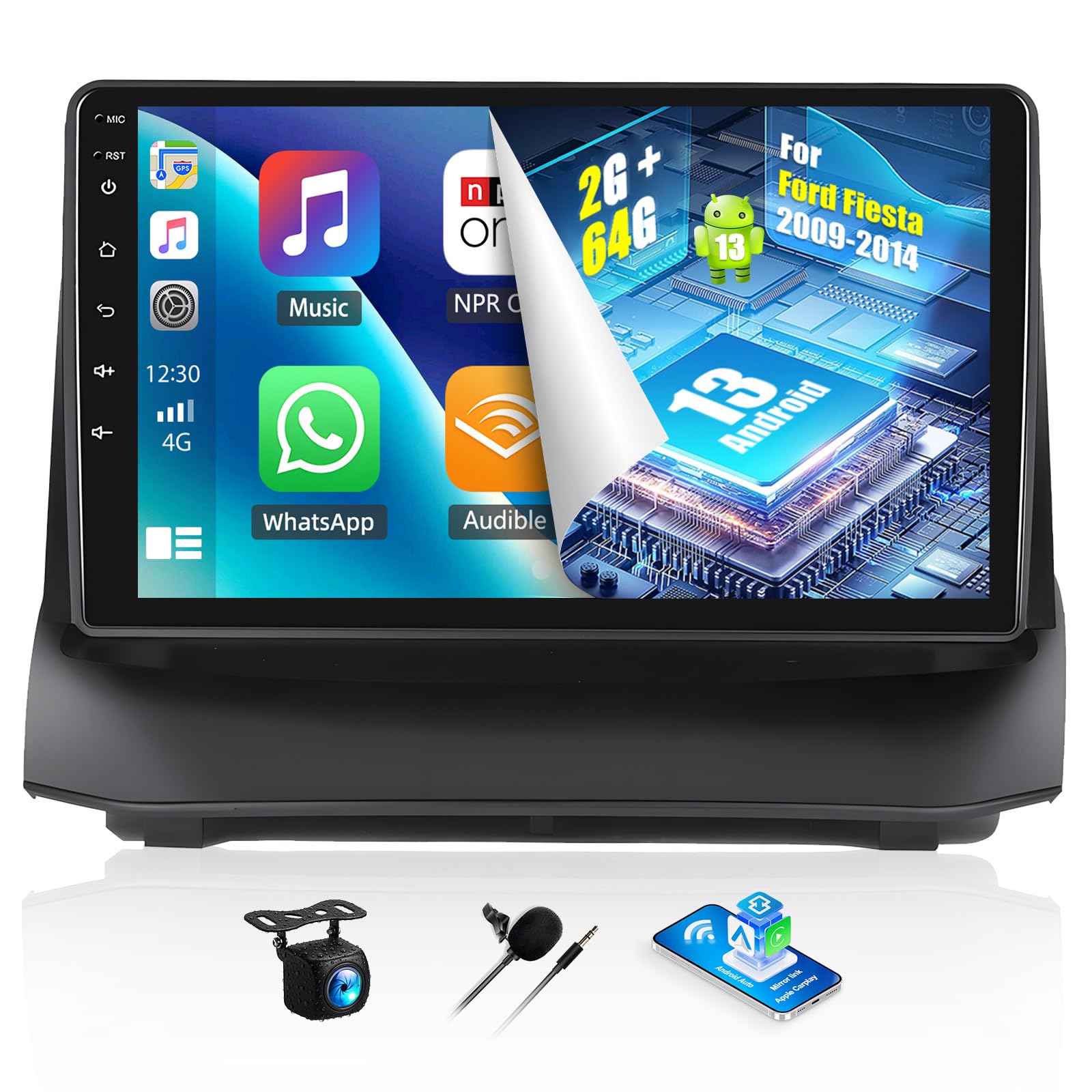 OiLiehu 2G+64G Android 13 Autoradio pour Ford Fiesta 2009-2014 avec CarPlay Android Auto sans Fil, 9“ IPS Écran Tactile Radio avec GPS WiFi Lien Miroir Bluetooth FM/RDS EQ SWC Caméra Arrière