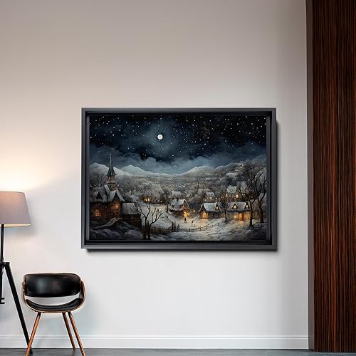 Miniatura 5 de Christmas Wall Art - Farmhouse Snow Covered Christmas Eve Village At Night Painting Canvas Print, Over Mantel Holiday Decor Ready To Hang, Modern