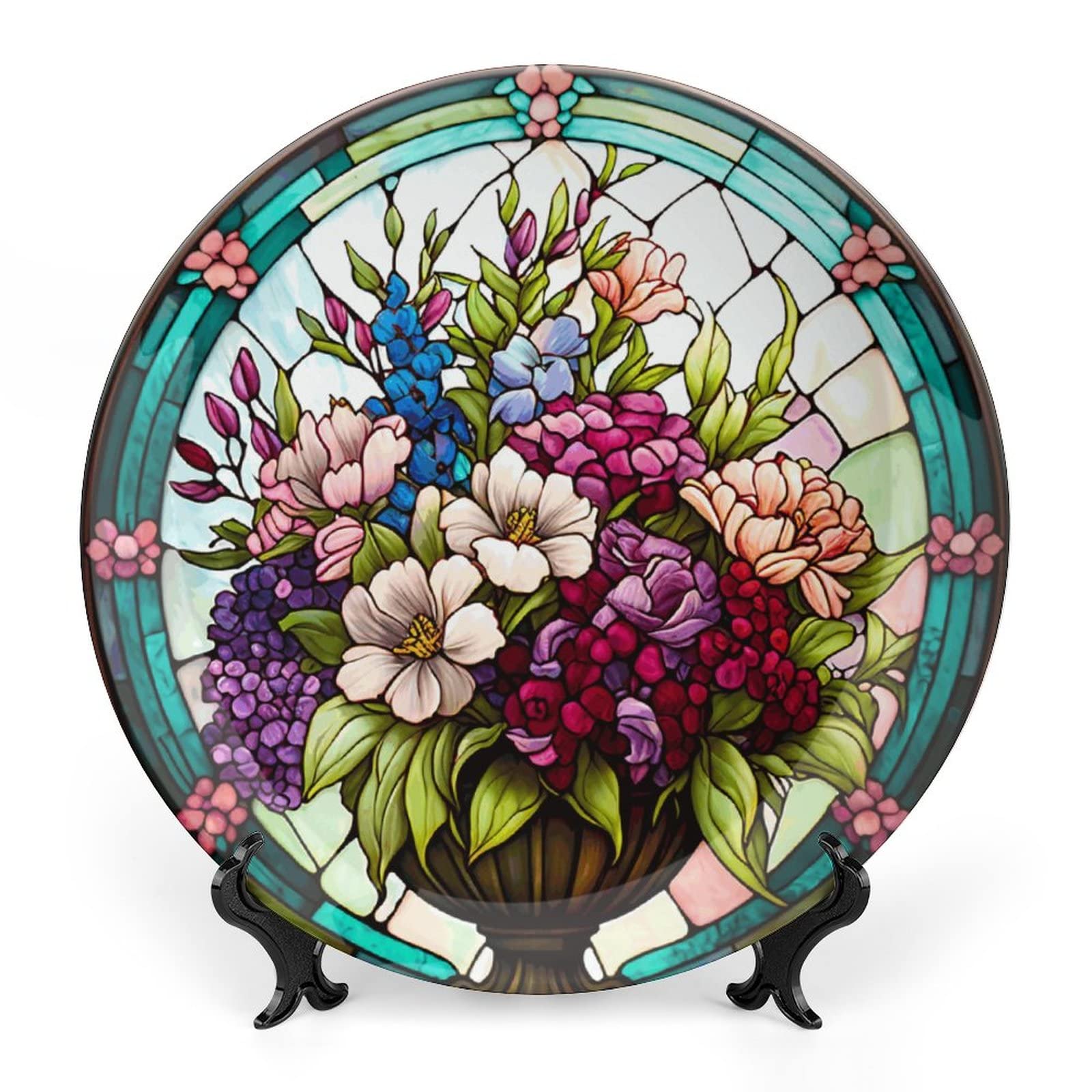 Piatti decorativi, in vetro colorato, bouquet di fiori, in ceramica, con supporto per la casa decorazione da appendere alla parete, per soggiorno, sala da pranzo, cucina, 2 casa, 25 cm
