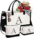 YOOLIFE Christmas Gifts for Women - Initial Canvas Tote Bag & Makeup Bag, Birthday Gifts for Women Mom Sister Friends