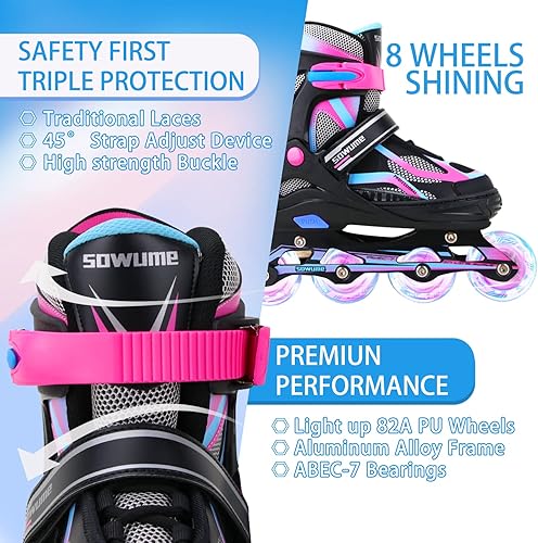 Miniatura 3 de Sowume Cuchillas de rodillo ajustables para niñas y niños, patines en línea con todas las ruedas iluminadas, patinas para mujer para niños y