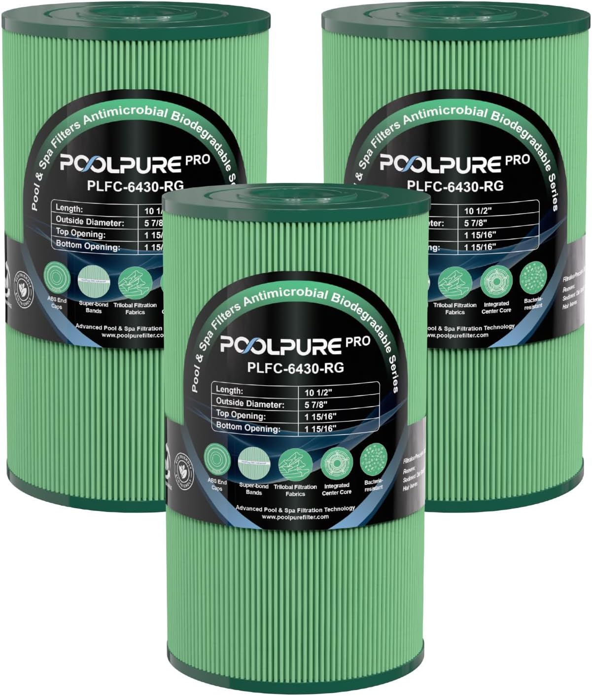 POOLPURE C-6430-RG Spa Filter Replaces PWK30-M, Watkins 31489, Filbur FC-3915M, P/N0969601, 71825, 73178, 73250, Pro – Newly Upgraded, Antimicrobial, Biodegradable, 3 Pack