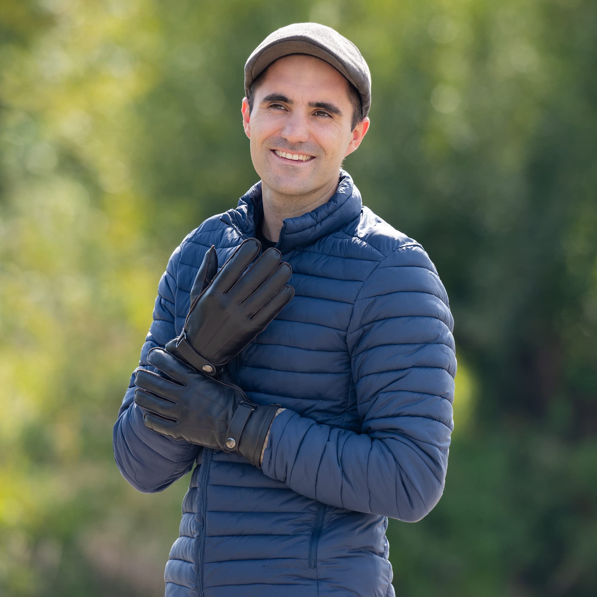 Guanti in pelle nera da uomo - Taglie: 9 e 9,5 - Guanti caldi in pelle di alta qualità con fodera in lana - con funzione touch smartphone