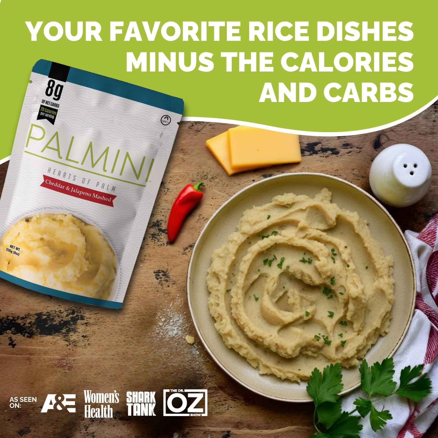 Palmini Cheddar & Jalapeno Mashed |Low Carb, Low Calorie Hearts of Palm Mashed| 8g of Net Carbs, 70 Calories Per Serving | As Seen on Shark Tank | Ready-to-Eat | (8 Ounces Pouch (Pack of 6)