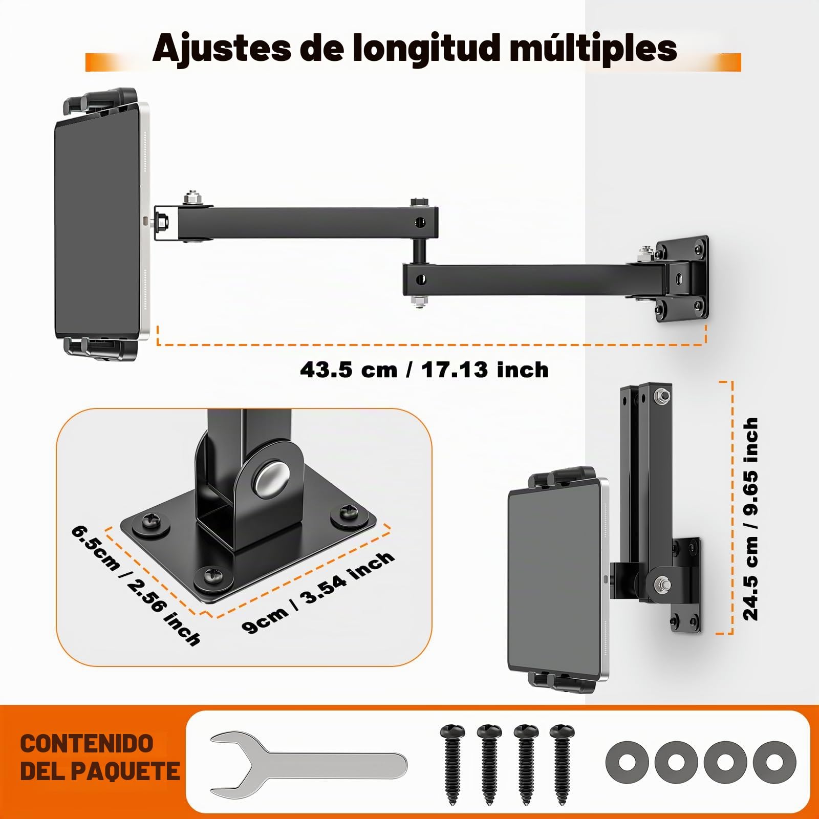 Tendak Soporte Tablet Pared, Soporte de Pared de Aleación de Aluminio de Brazo Largo para iPad para Negocios y Hogar, Soporte iPad Pared para Tablet Compatible con Tablet de 4.7-13.5 Pulgadas