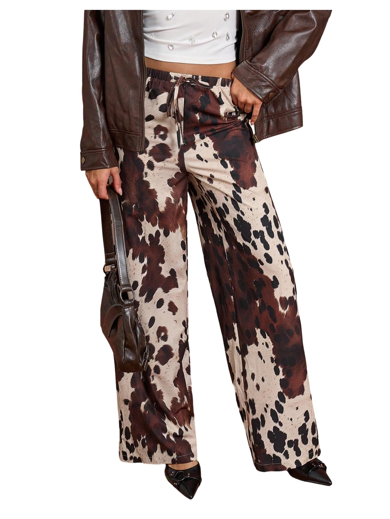 Floerns Womens Cow Print Drawstring Waist Pants Wide Leg Western Going Out Trousers