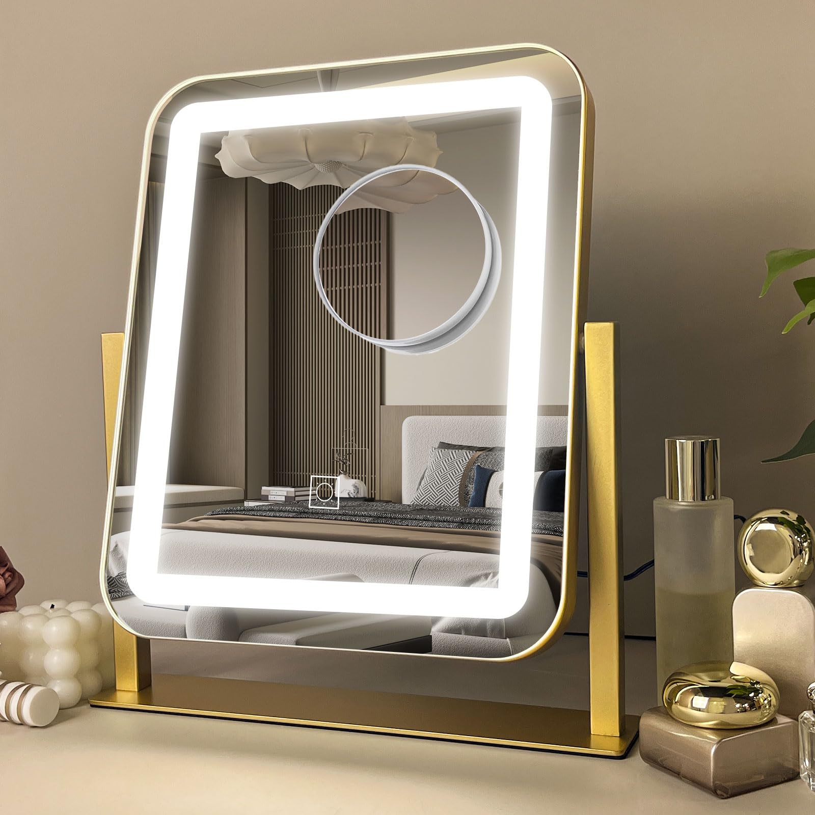Photo 1 of *MAJOR DAMAGE*
HNV 15"x13" Gold Vanity Mirror with Lights, Small LED Makeup Mirror for Desk, 3 Color Modes & Dimmable Touch Control, 360° Rotation Metal Frame, USB Plug-in Lighted Mirror for Bedroom, Dorm, Teen Gift