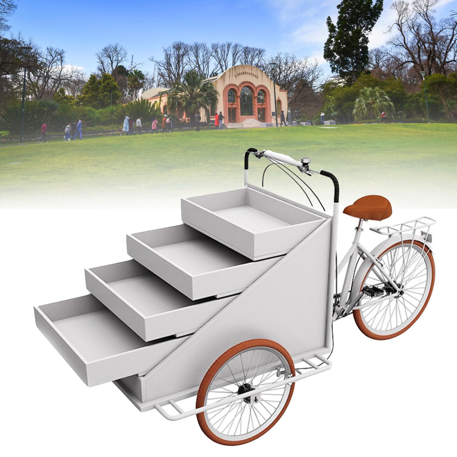 White Tricycle Cart For Sale Floral 4 Tier Display Stand Pedal Assisted Food Bike Drink Coffee Holder For Flea Market Mobile Distribution Vehicle Use