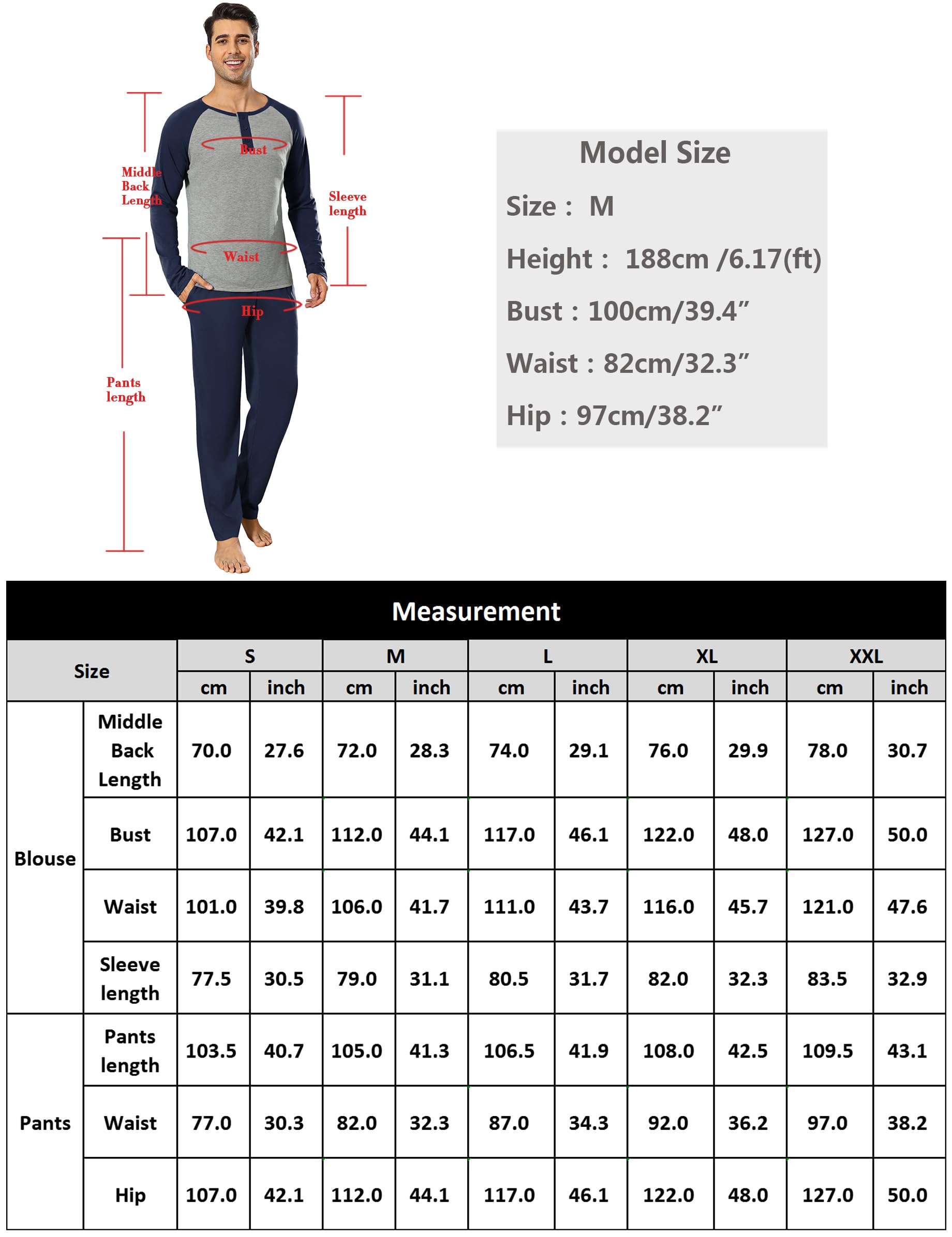 Migcaput Pigiama Cotone da Uomo Set Lungo Comodo Pigiami Due Pezzi da Uomo Pigiama Manica Lunga Pigiama con Tasche con Bottoni