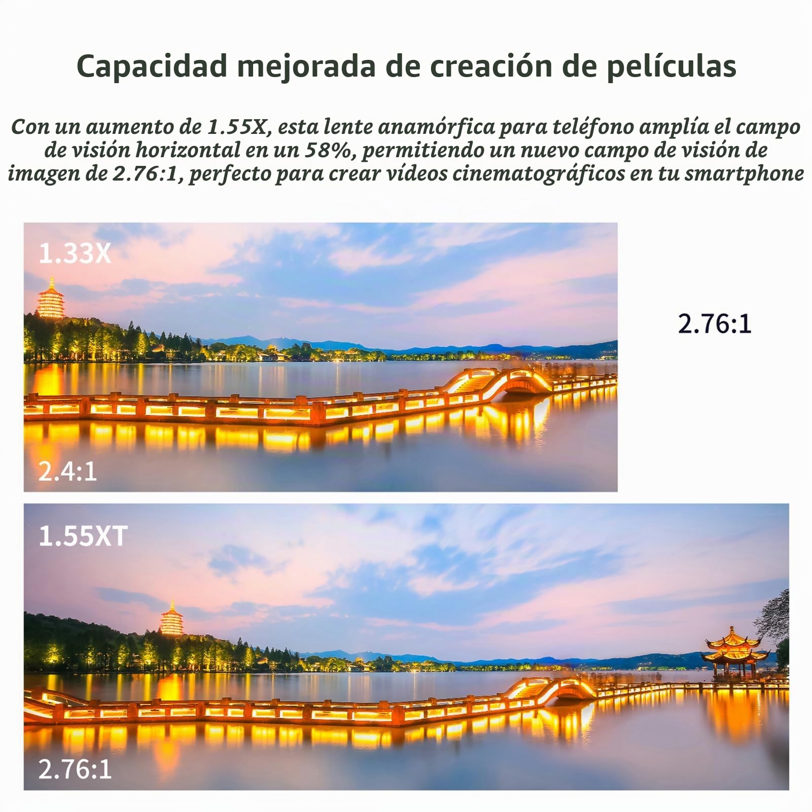 Andoer Lente de película anamórfica para teléfono móvil Lente de Cine con deformación 1.55X Lente de película para teléfono con Clips de Lente universales Bolsa de Transporte