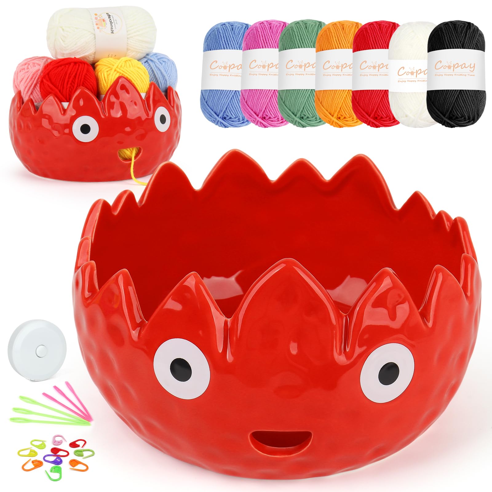Coopay Flame Yarn Bowls for Crocheting/Knitting, Cute Yarn Storage Bowl with 7PCS Yarns, Large Size Ceramic Yarns Bowl Crochet Knitting Bowl for Beginners, Great Knitting Crochet Gift (6.8in)
