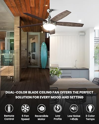 Miniatura 2 de Frstem Ventilador de techo moderno de 52 pulgadas con luz y control remoto, aspas de doble cara nogal o roble gris, 5 aspas de perfil bajo de 6