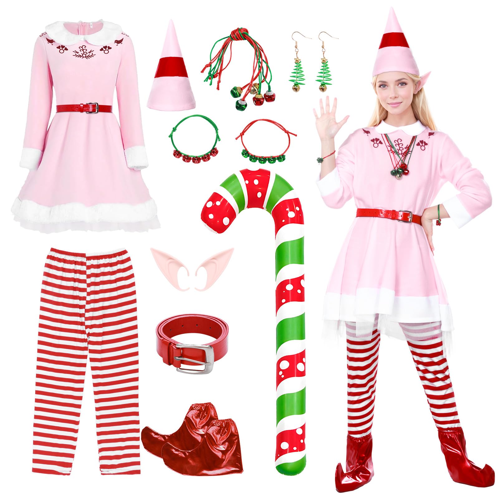 Angenster Elf Costume for Adults, Christmas Cosplay with Hat, Belt, Ear Necklace, Balloon Bracelet, Shoe Covers - Couple Xmas Elf Costume (Pink, XL)