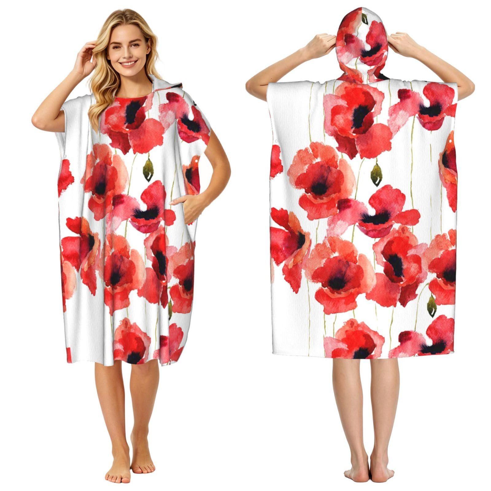 Poadnly Watercolor Poppies, Adult Hooded Beach Towel 90 x 110 cm,Changing Bath Robe, Surf Poncho Towel For Women Men