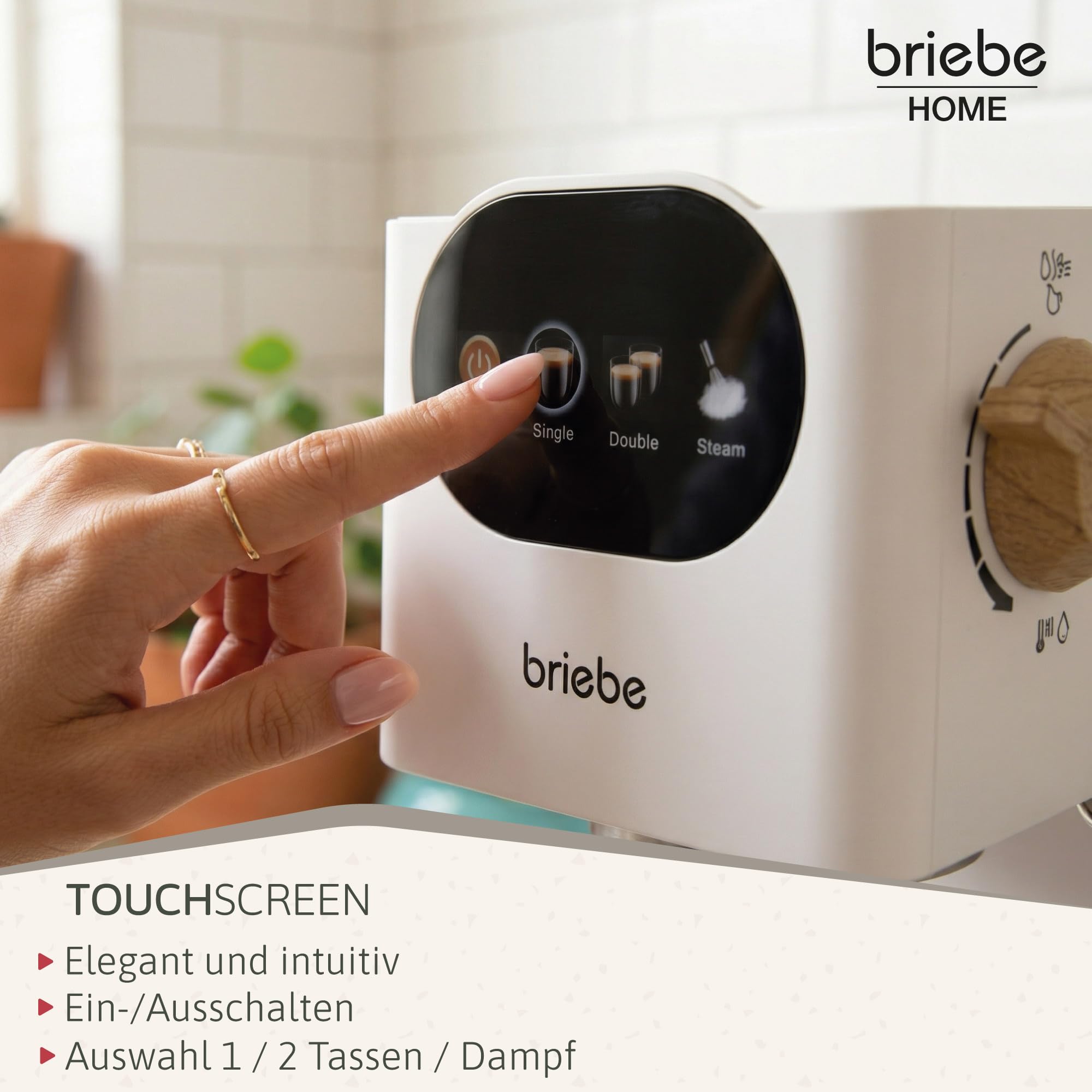 briebe Nordic Kaffeemaschine 20 Bar Kompatibel Nespresso-Kapseln und Kaffeemehl, Espresso Siebträgermaschine 1350W, Milchaufschäumer, Touch-Display, 1,2L Wassertank, Skandinavisches Design, Weiß