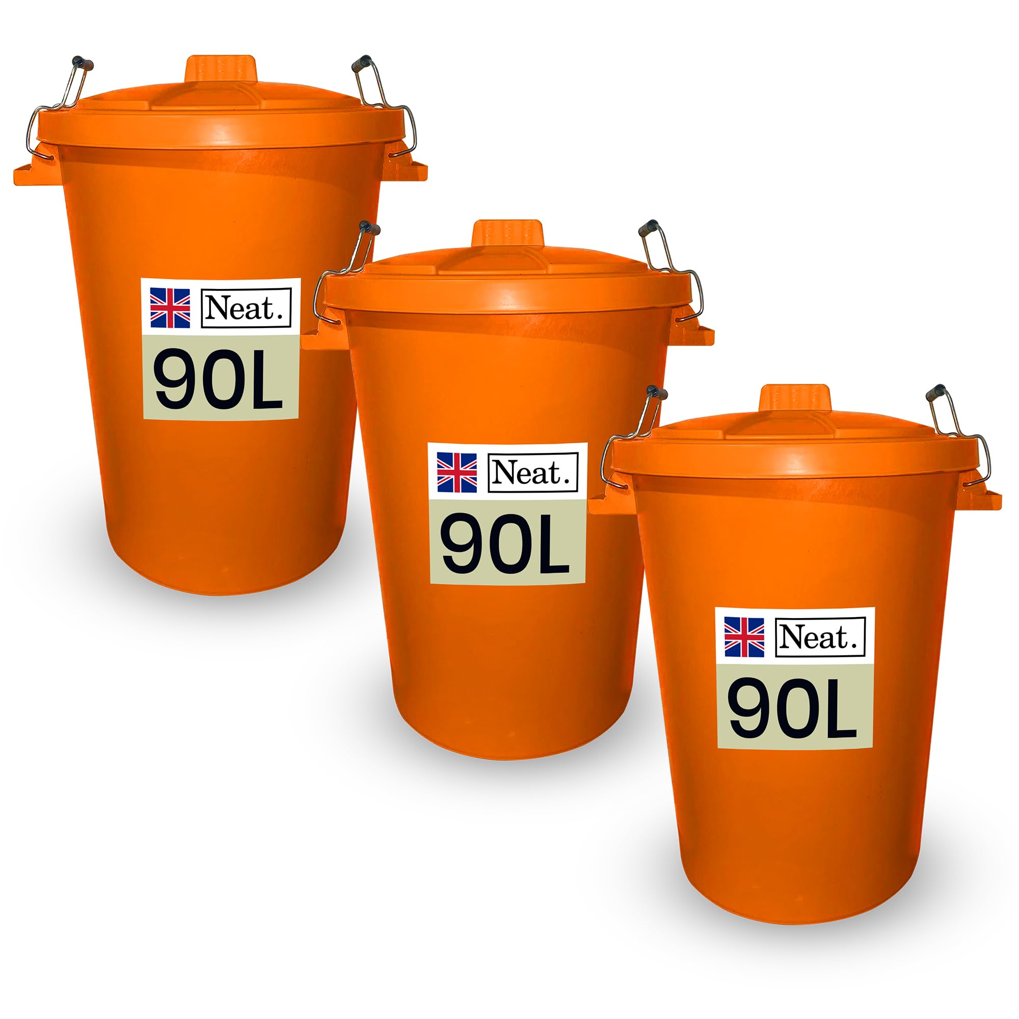 Neat. 90L Large Plastic Bins, Heavy Duty Kitchen Bin with Metal Handle, Dustbin with Lid for Easy Refusal, Orange - 3Pack
