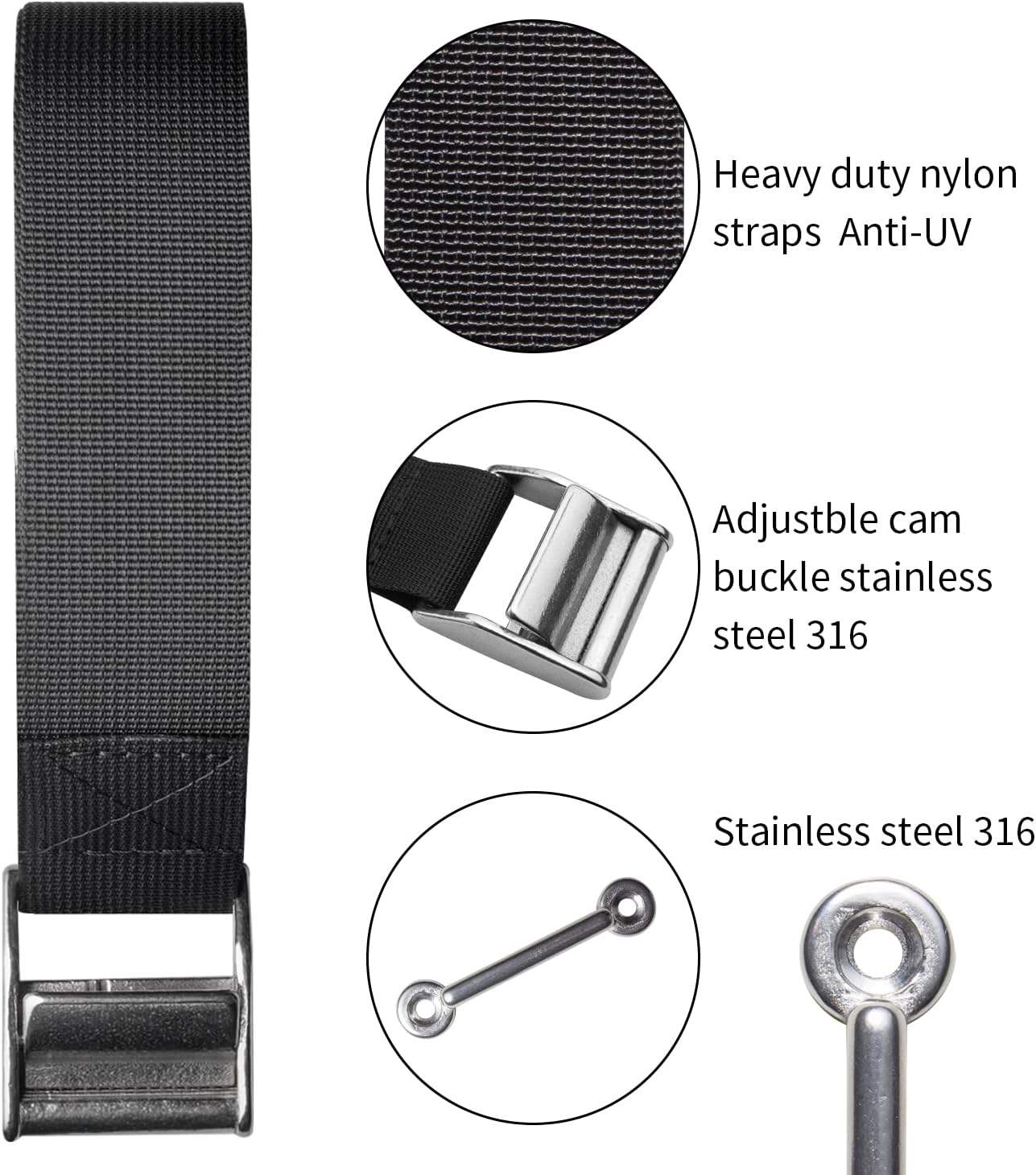 UCEDER 56" Battery Tie Down Strap Kit Battery Hold Down Strap with Stainless Steel 316 Buckle, 2 Stainless Steel 316 Eye Strap Mounts, 4 SS Screws(1 Pack)