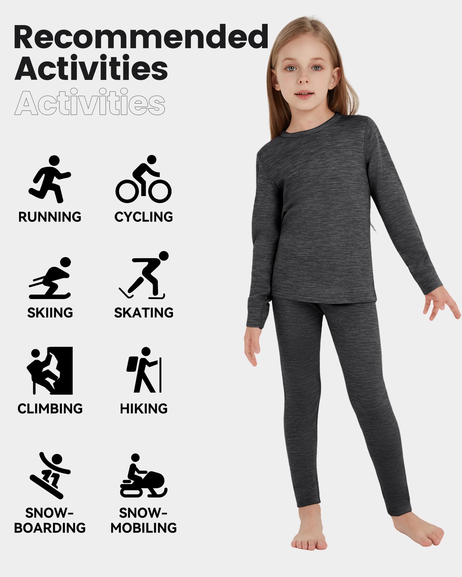 Ropa interior térmica infantil unisex, 100 % lana merino, juego para niños y niñas, ropa interior de esquí de invierno, cálida y cómoda, 260 g/m², gris brezo, 7-8