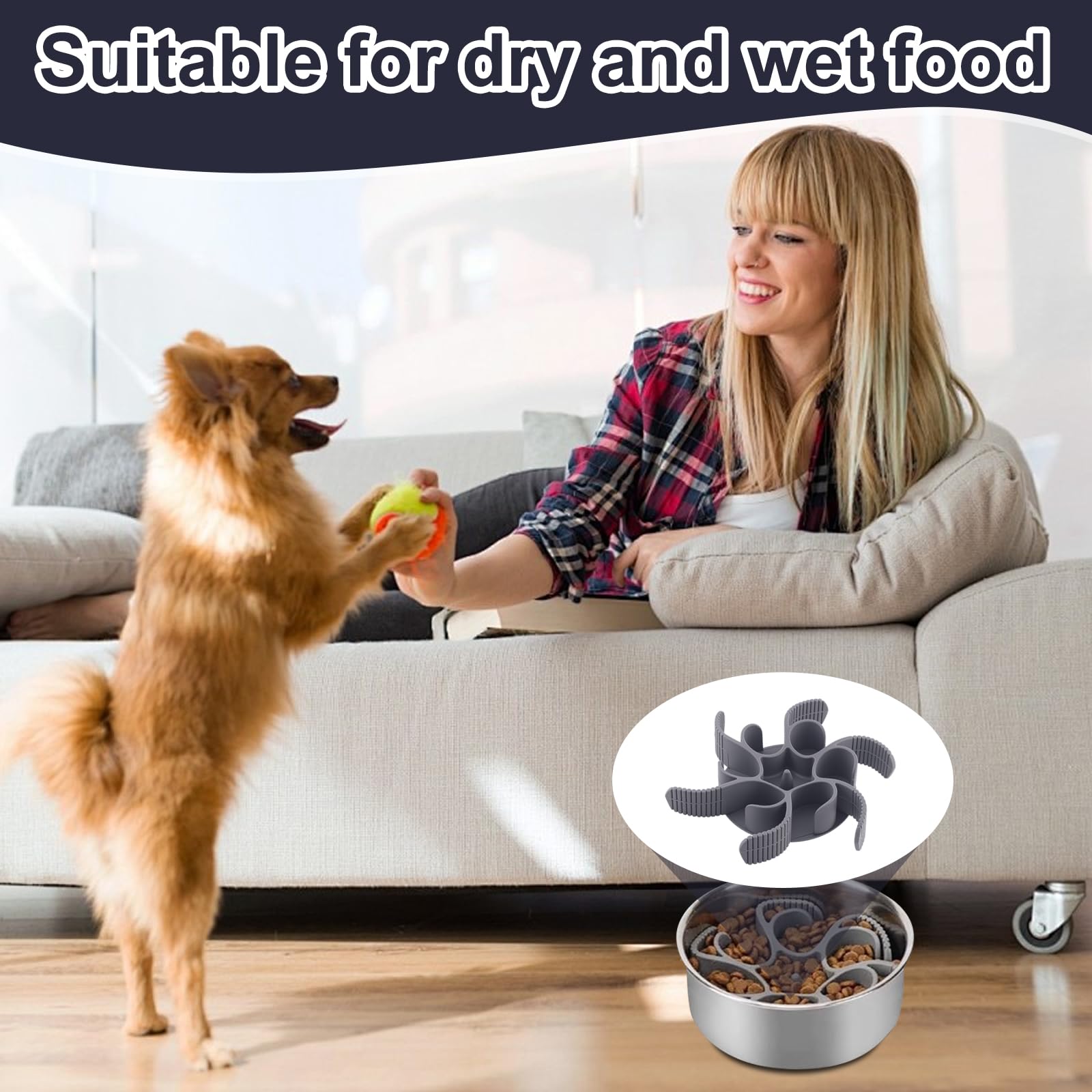 Dog Bowl Insert Slow Feeder, Silicone Spiral Dog Bowl Insert, Suction Bowl with Strong Suction, Non-Obstructive Slow Down Eating Puppy Licking Pad, Grey