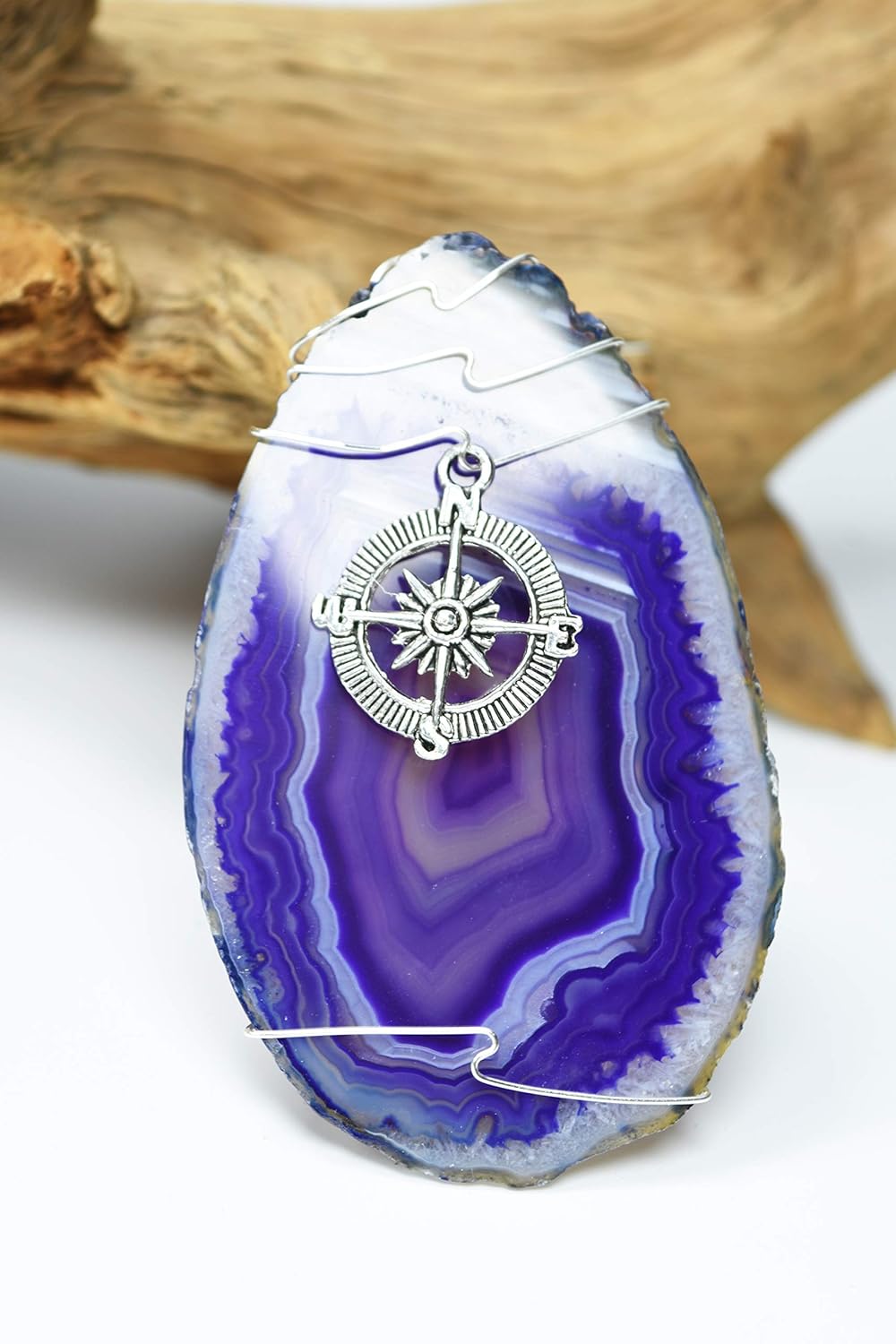 Custom Handmade Agate Slice Ornament with Silver Compass Charm - Choose Your Agate Slice Color: - Aqua, Pink, Purple, Blue, or Natural : Handmade Products