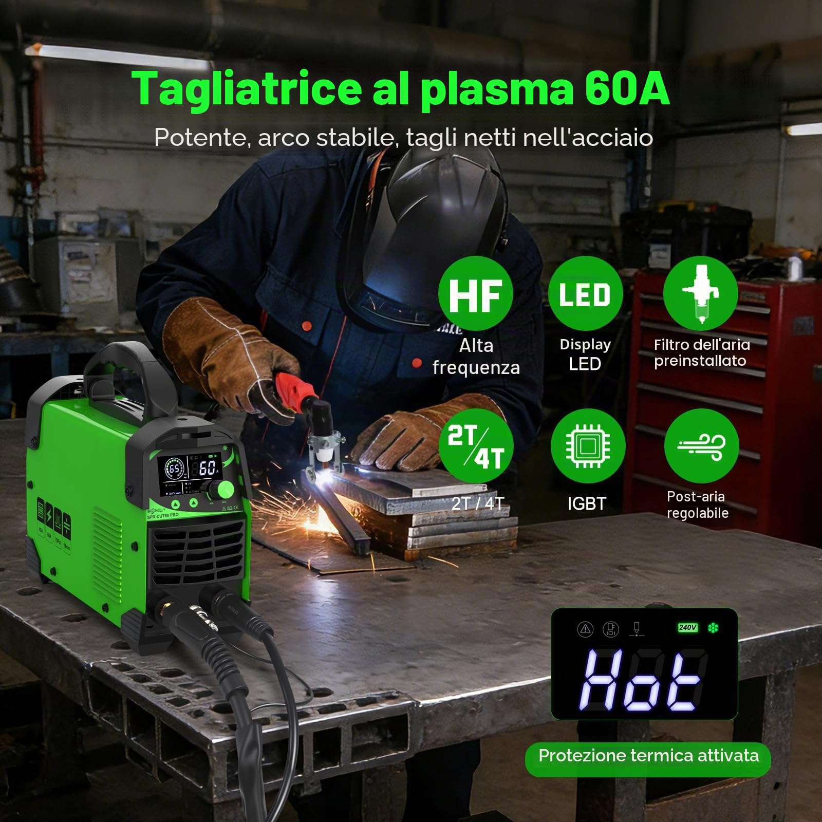 CUT60 PRO 60A IGBT Taglierina al Plasma 240V - Taglio max acciaio 16mm, taglio pulito 10mm - Display LED digitale, modalità 2T/4T, protezione sovraccarico, avvio facile