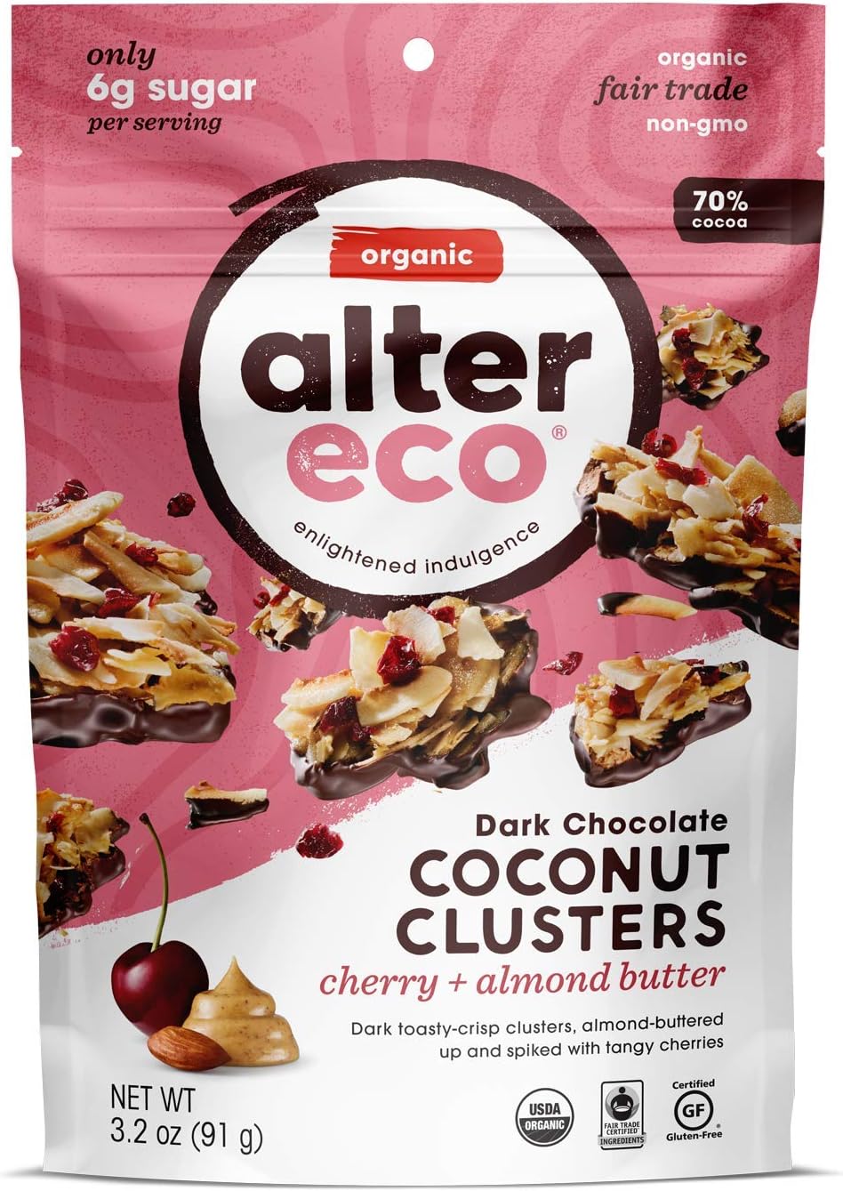 ALTER ECO Organic Dk Choco Cherry & Almond Butter Coconut Clusters, 3.2 OZ