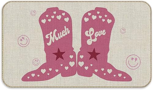 Tapete de puerta rosa con diseño de botas de vaquero con cara sonriente y mucho amor, tapete de bienvenida para interiores y exteriores, tapete de